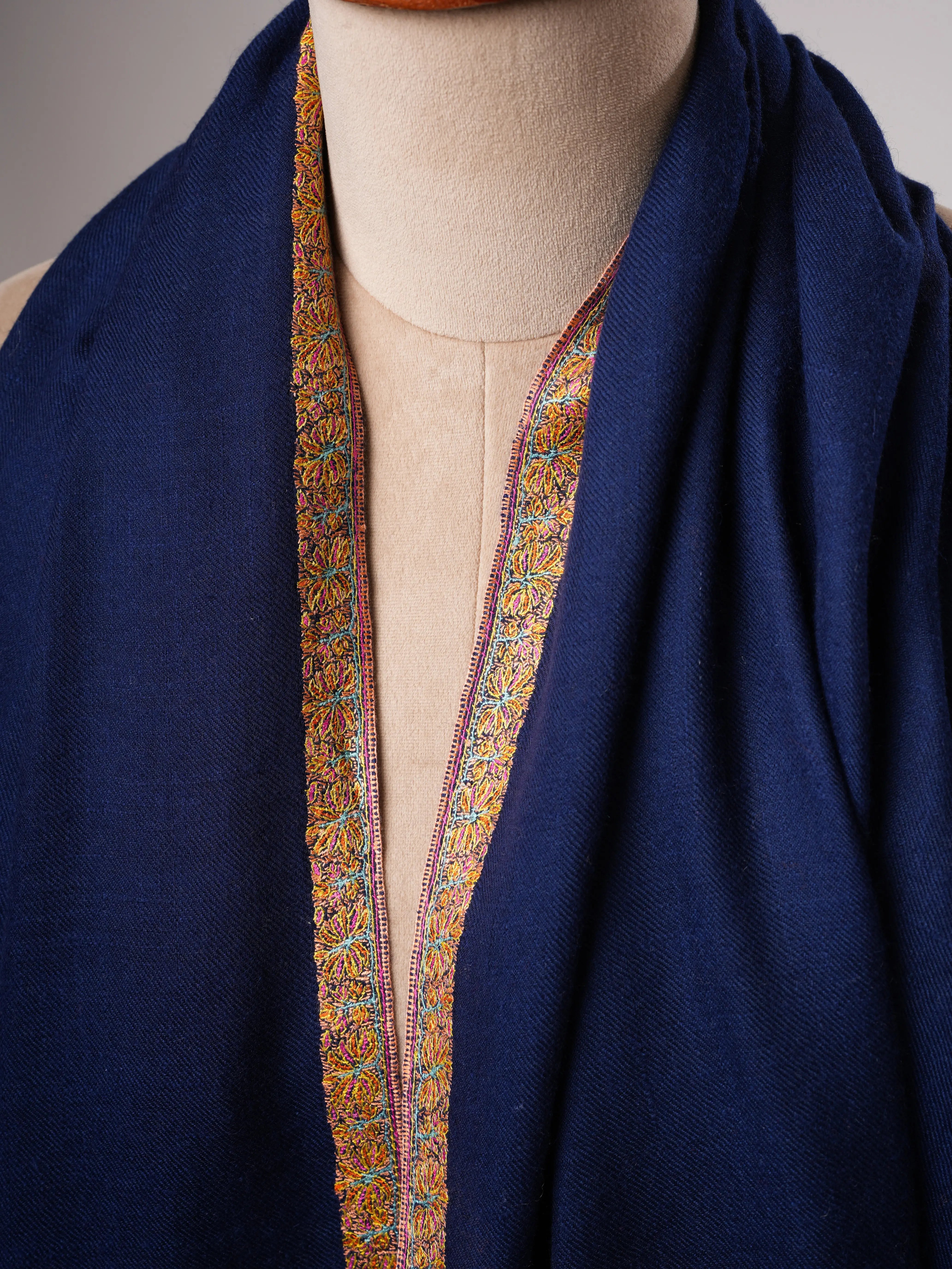 Navy Blue Pashmina Shawl with Traditional Hashia Hand Embroidery Shahkaar