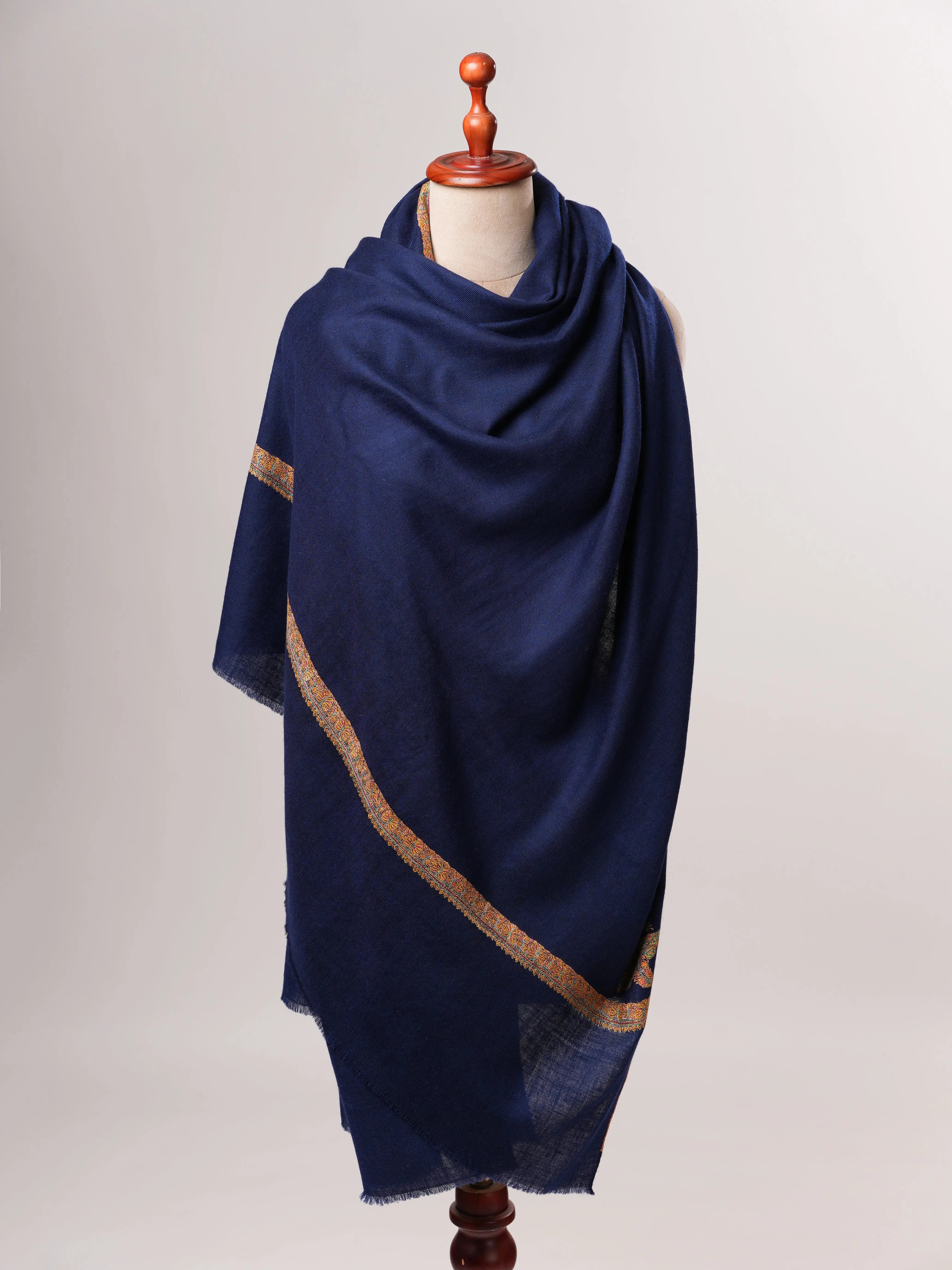 Navy Blue Pashmina Shawl with Traditional Hashia Hand Embroidery Shahkaar