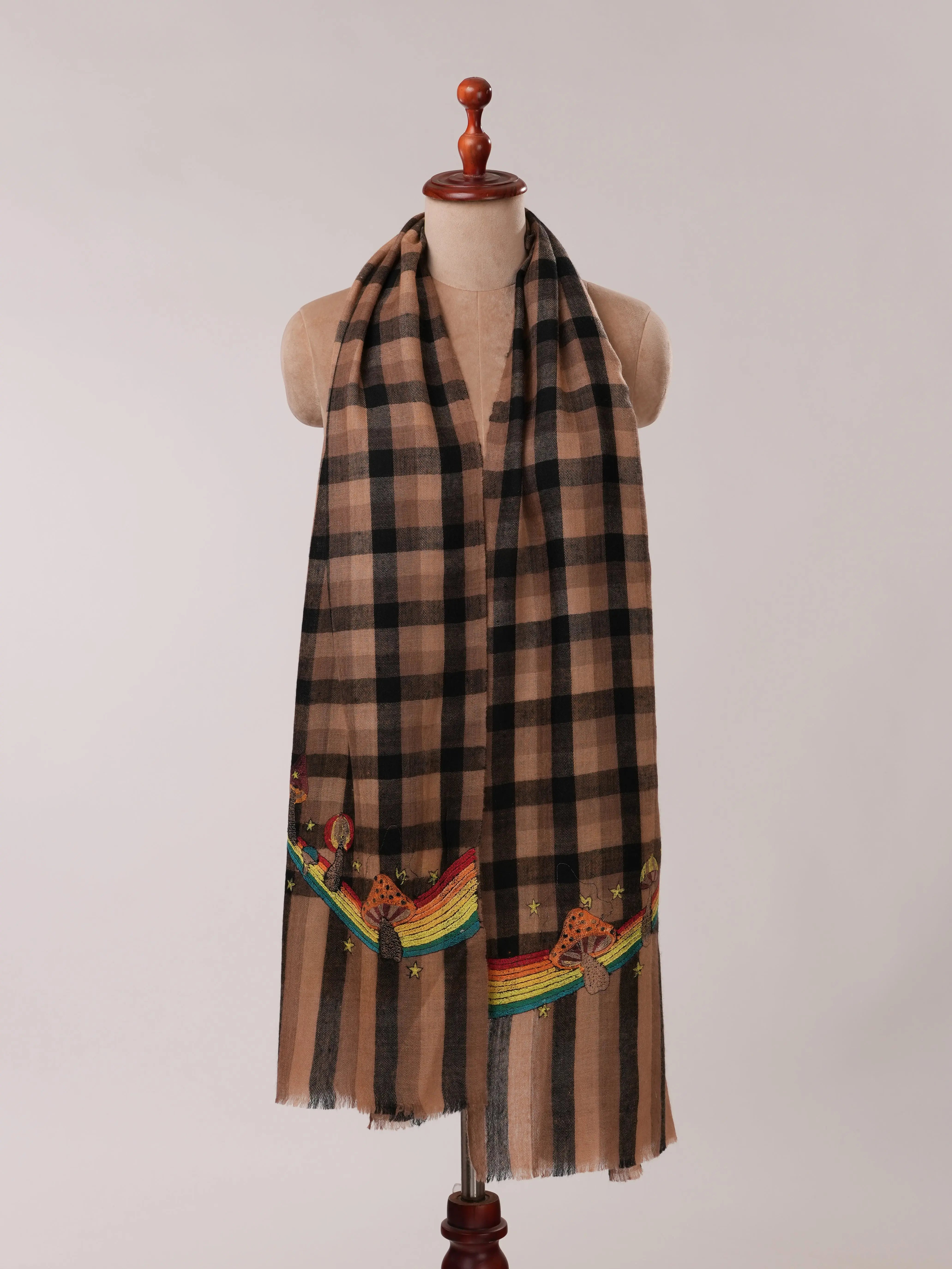 Rainbow Mushroom Palla Hook Hand Embroidered Cashmere Scarf Shahkaar.com