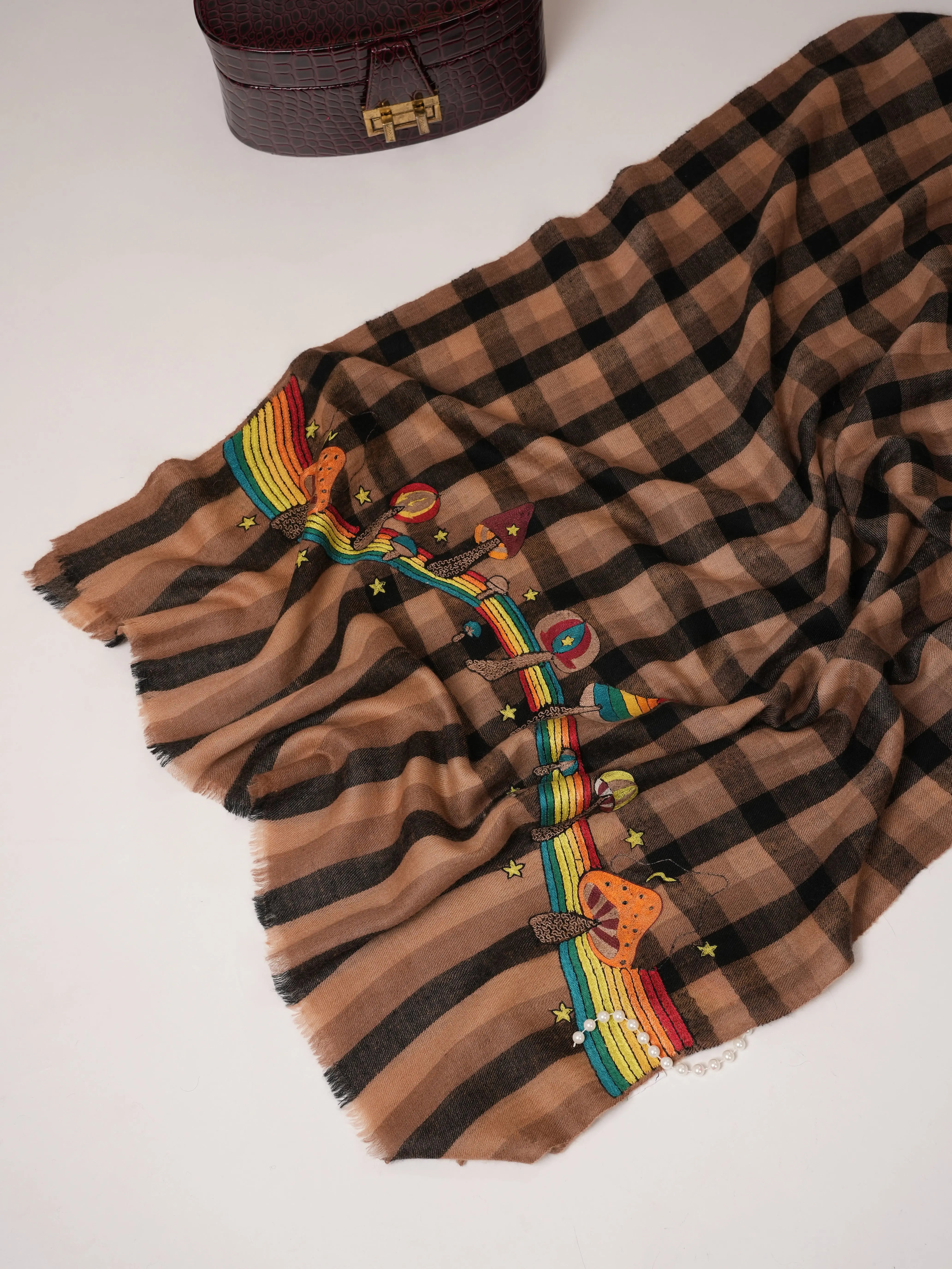 Rainbow Mushroom Palla Hook Hand Embroidered Cashmere Scarf Shahkaar.com