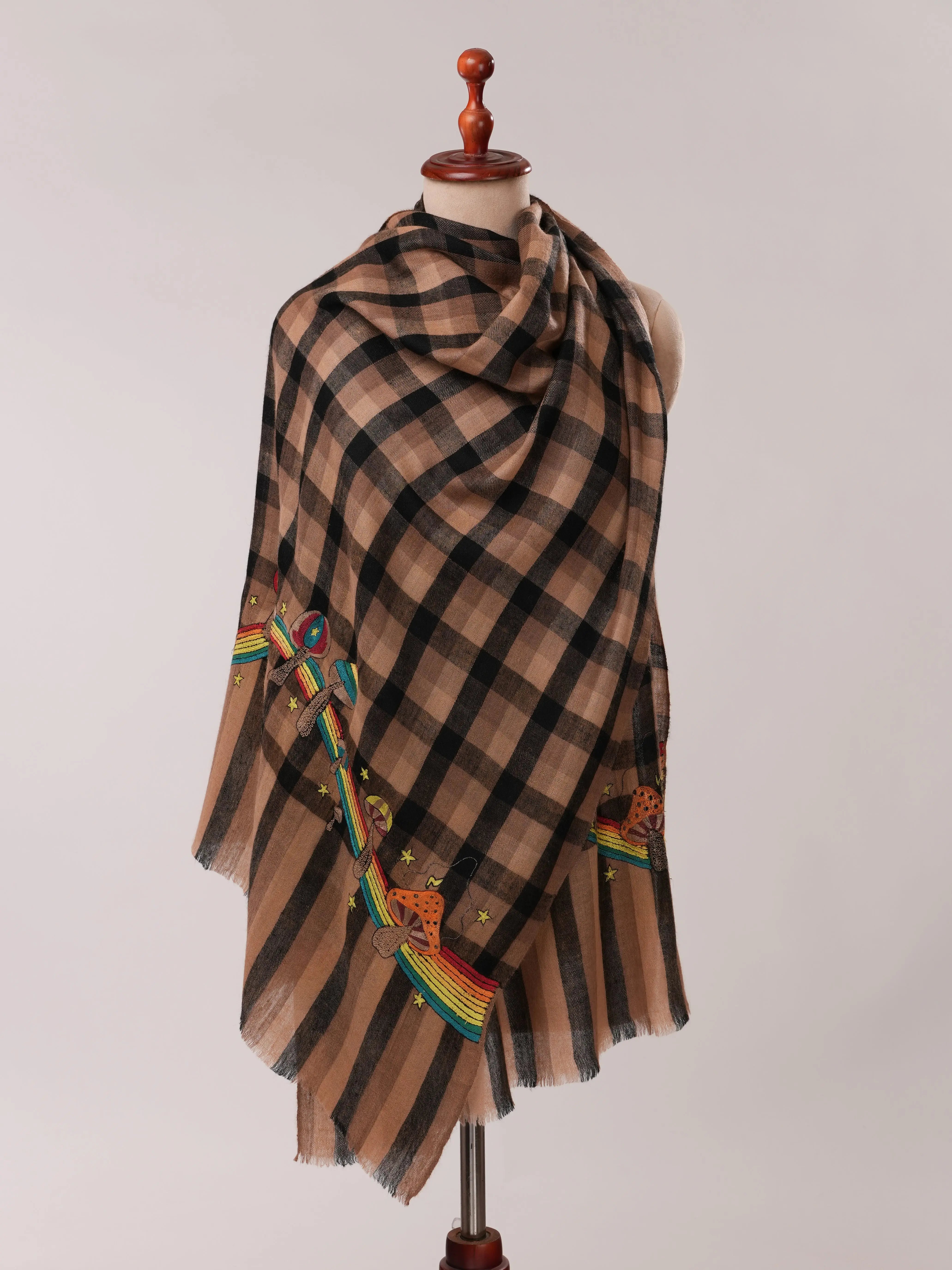 Rainbow Mushroom Palla Hook Hand Embroidered Cashmere Scarf Shahkaar.com