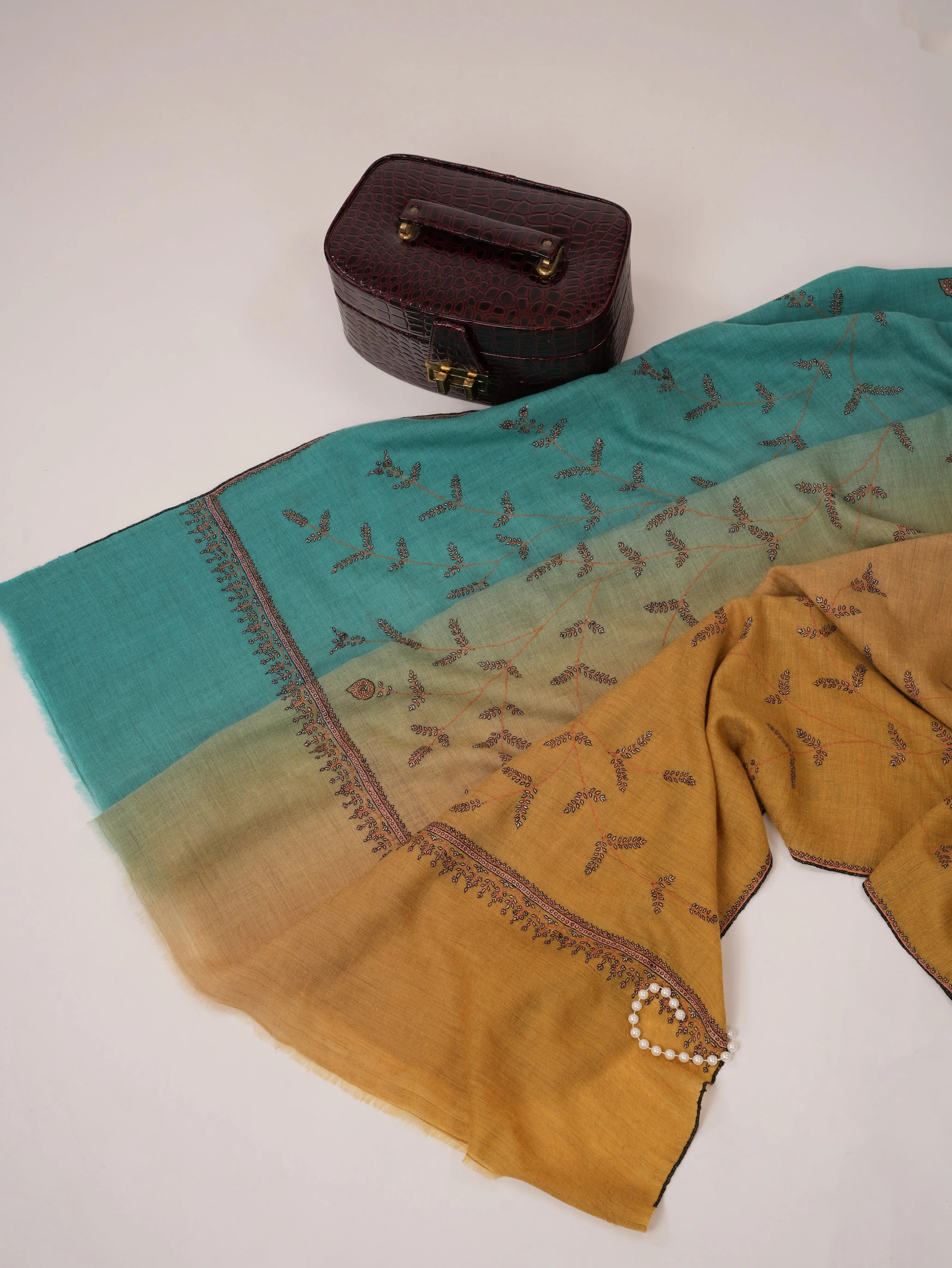 Ombre All Over Hand Embroidered Pure Pashmina Shawl Shahkaar.com