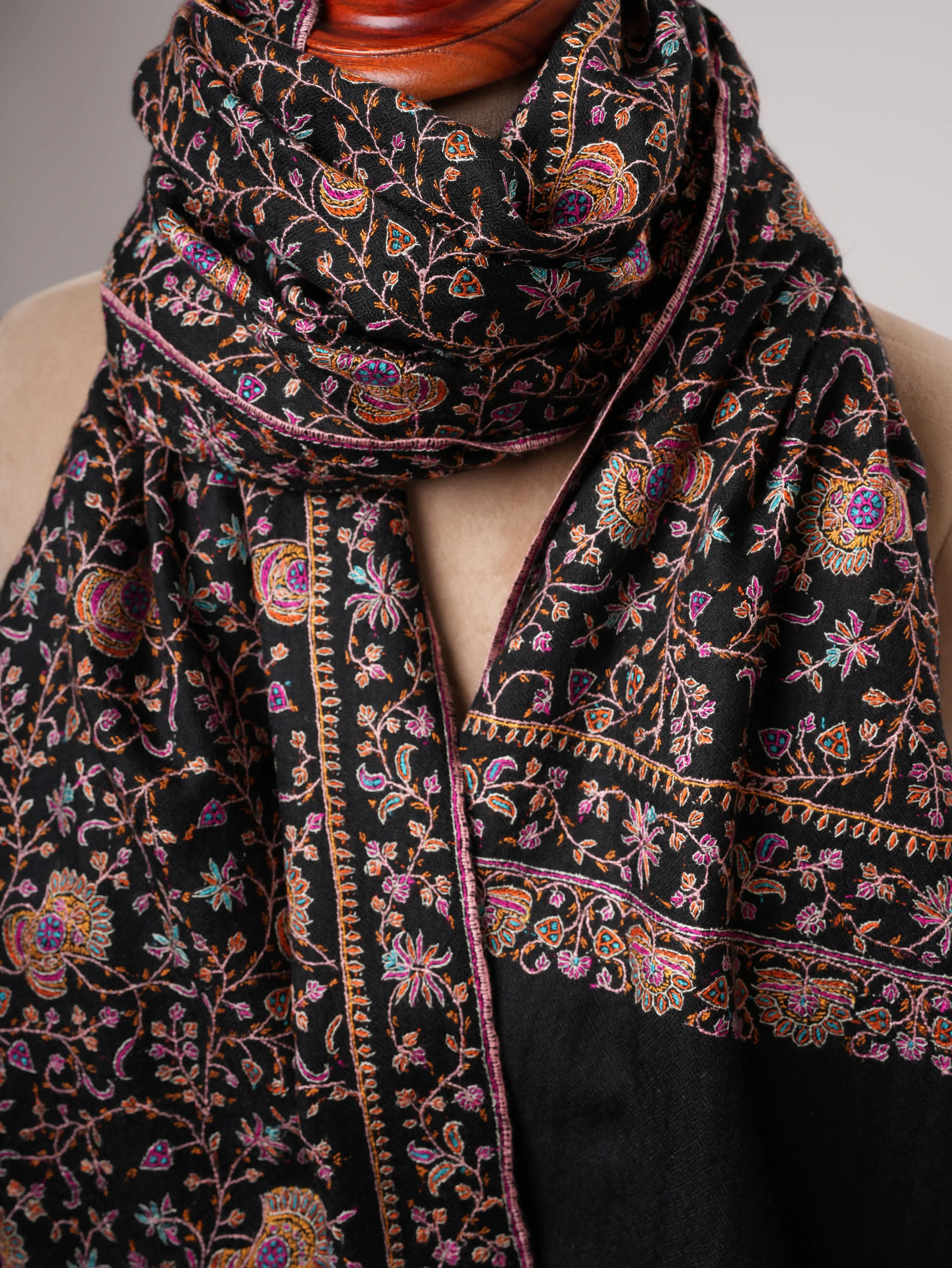 Black Pure Pashmina Shawl with Classic Jali Embroidery Shahkaar