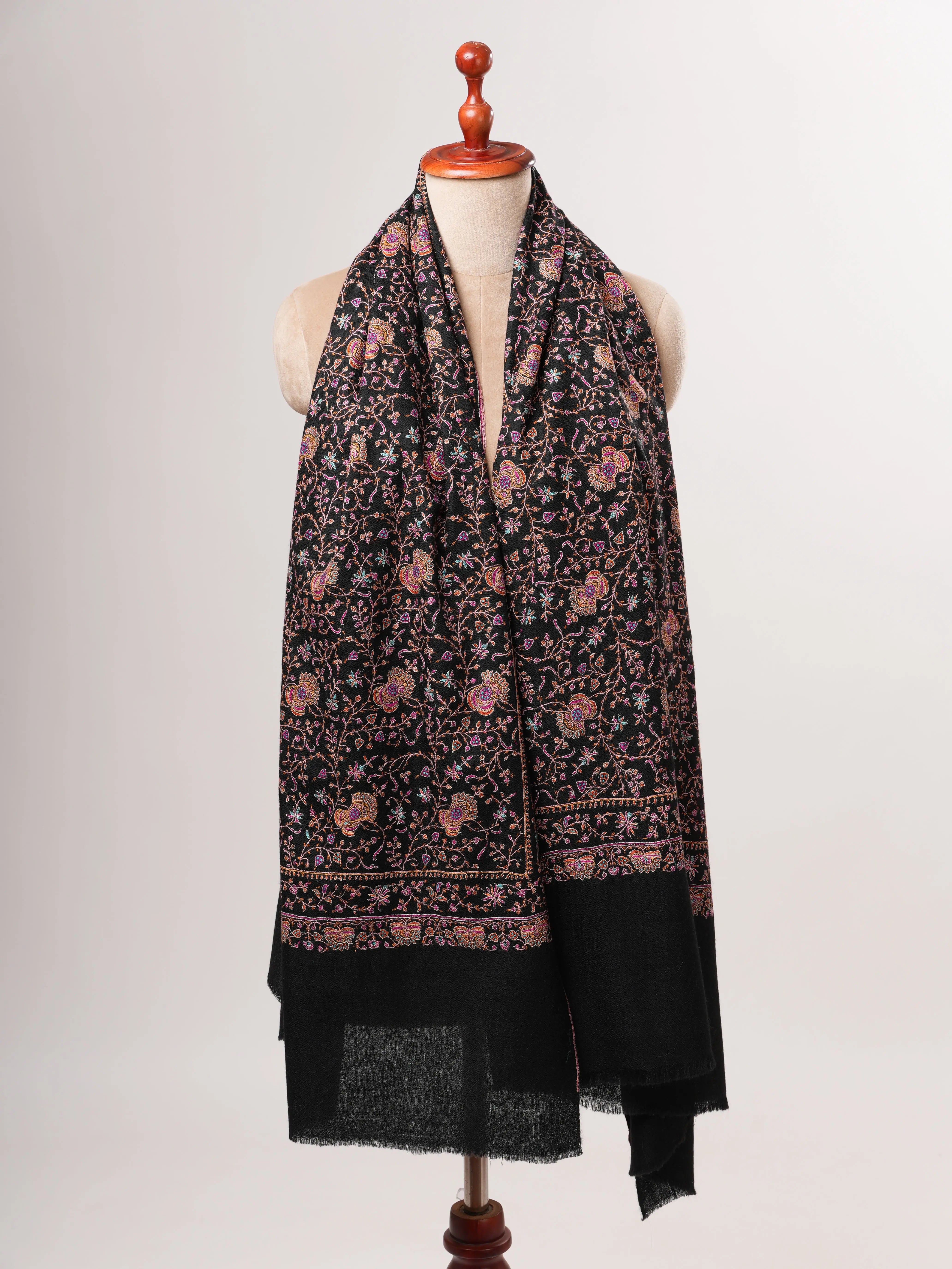 Black Pure Pashmina Shawl with Classic Jali Embroidery Shahkaar