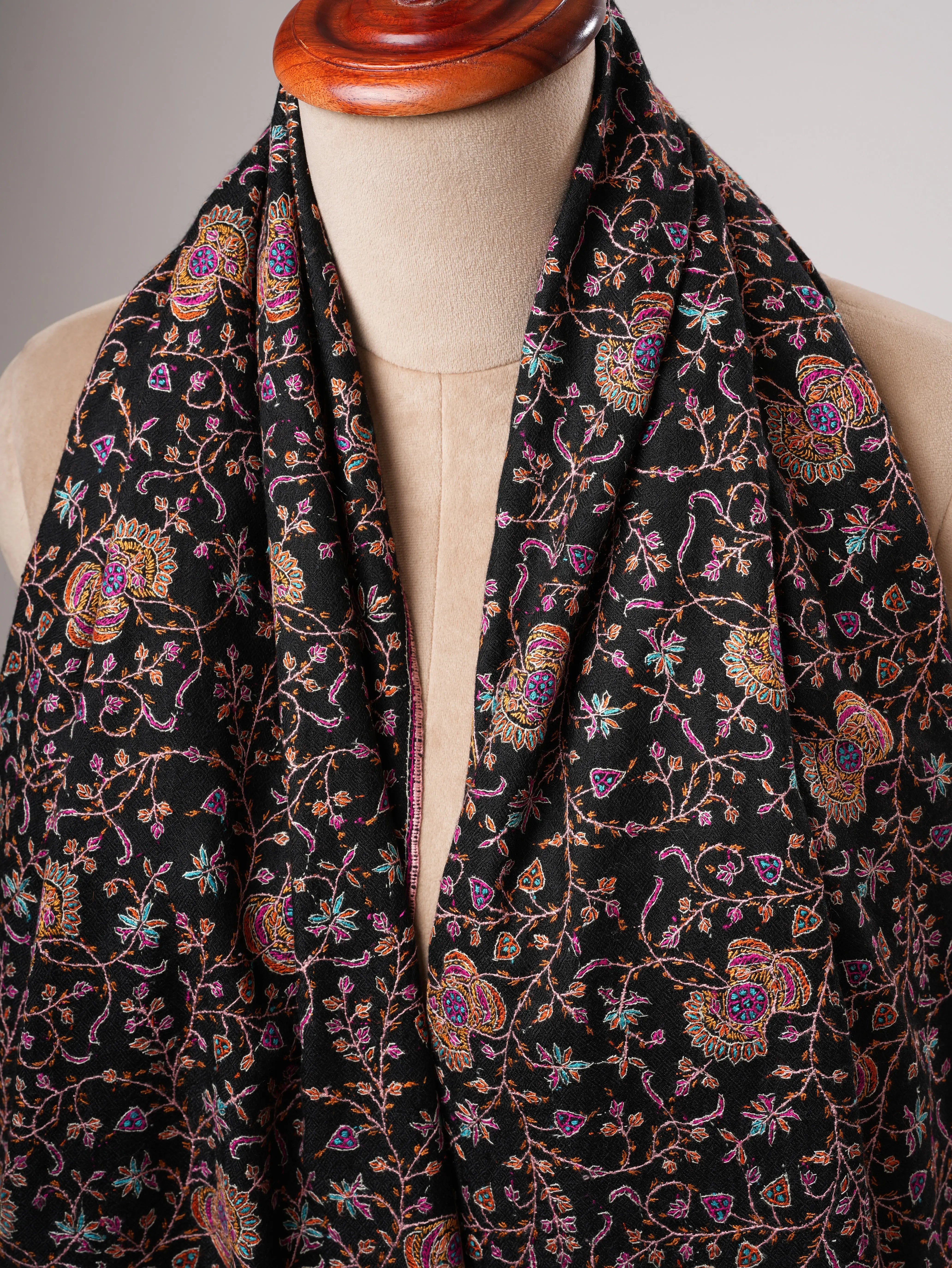 Black Pure Pashmina Shawl with Classic Jali Embroidery Shahkaar