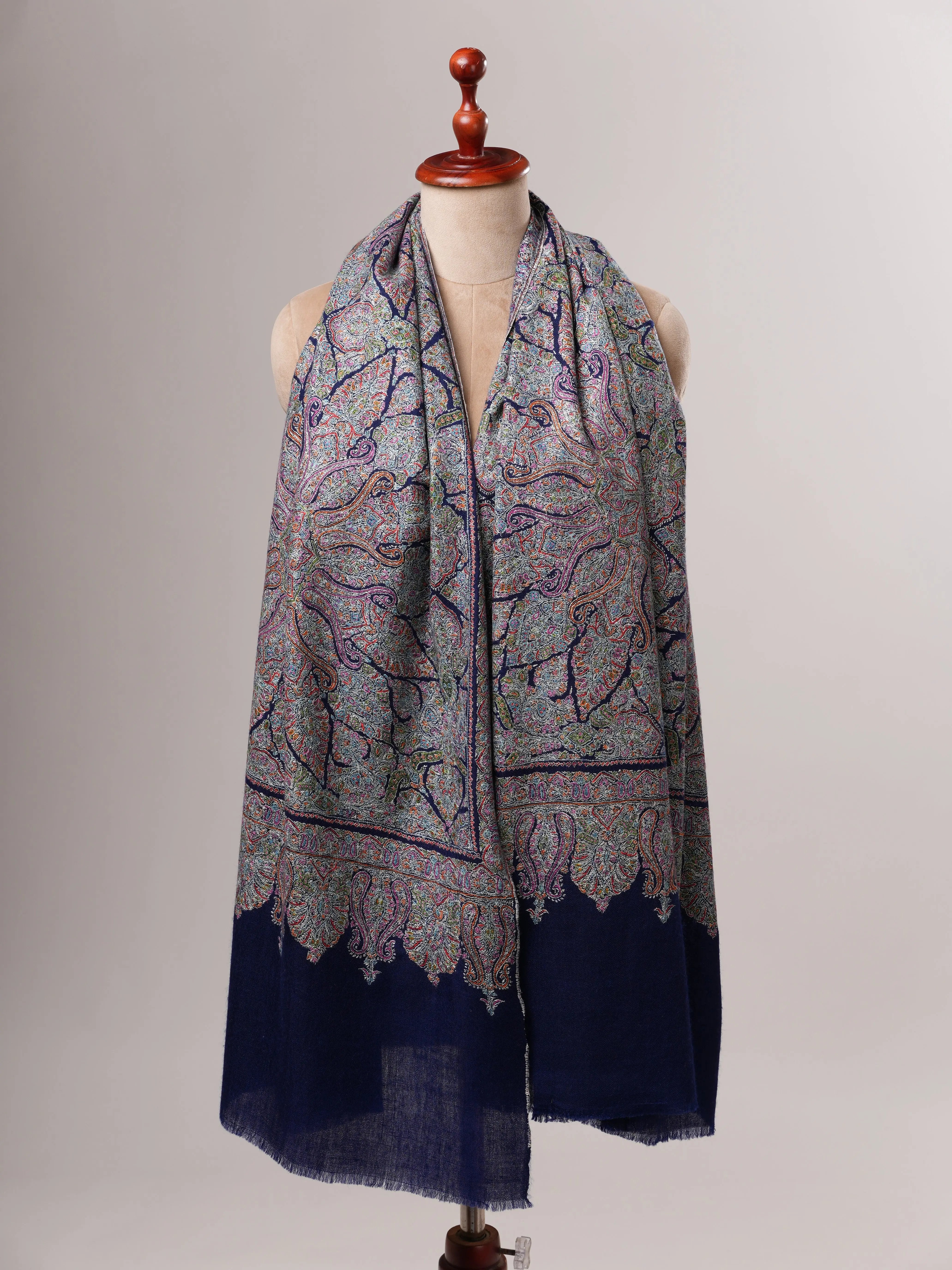 Hand Embroidered Navy Blue Jamavar Shawl with Tarukh Motif Shahkaar