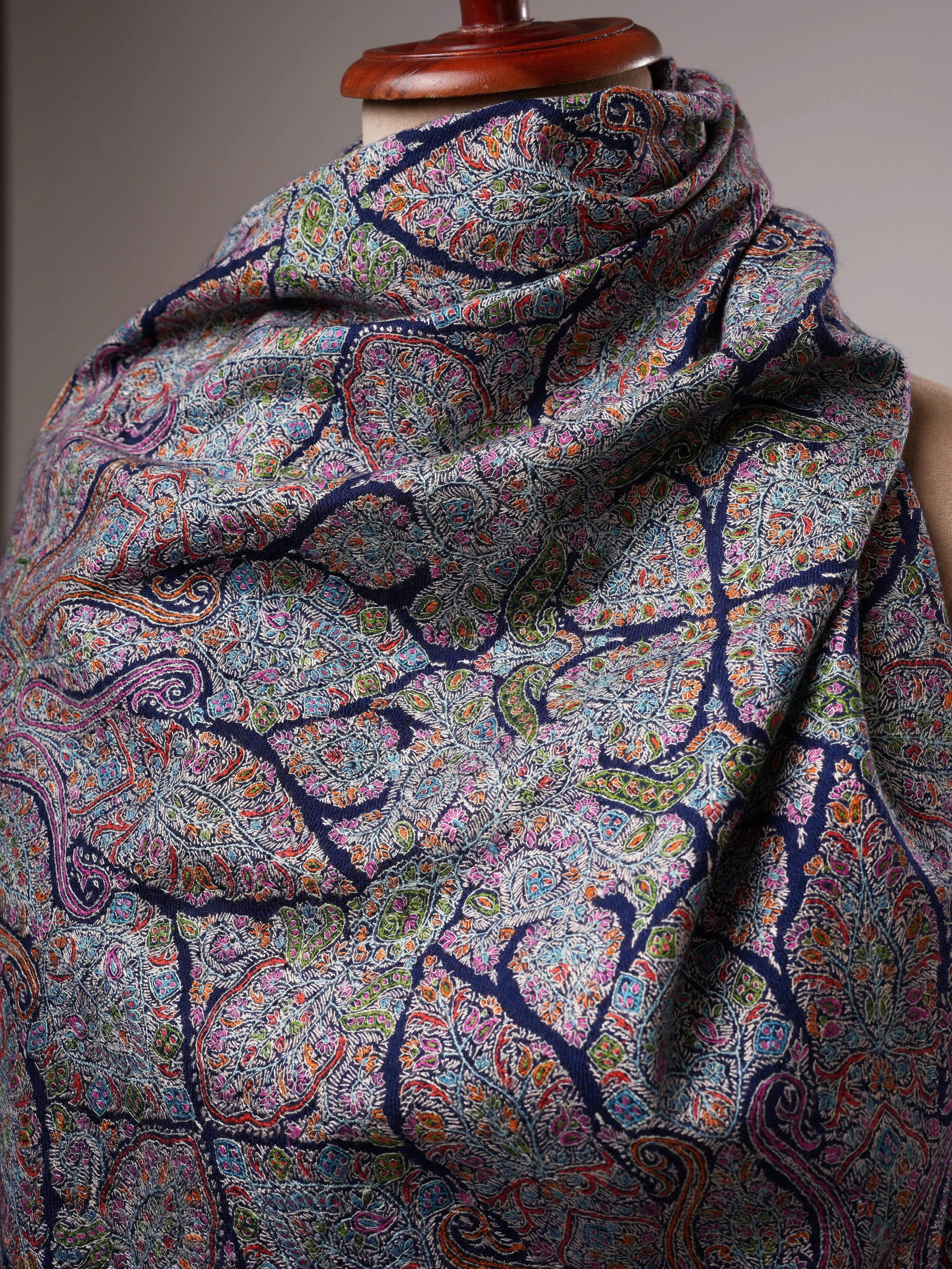 Hand Embroidered Navy Blue Jamavar Shawl with Tarukh Motif Shahkaar