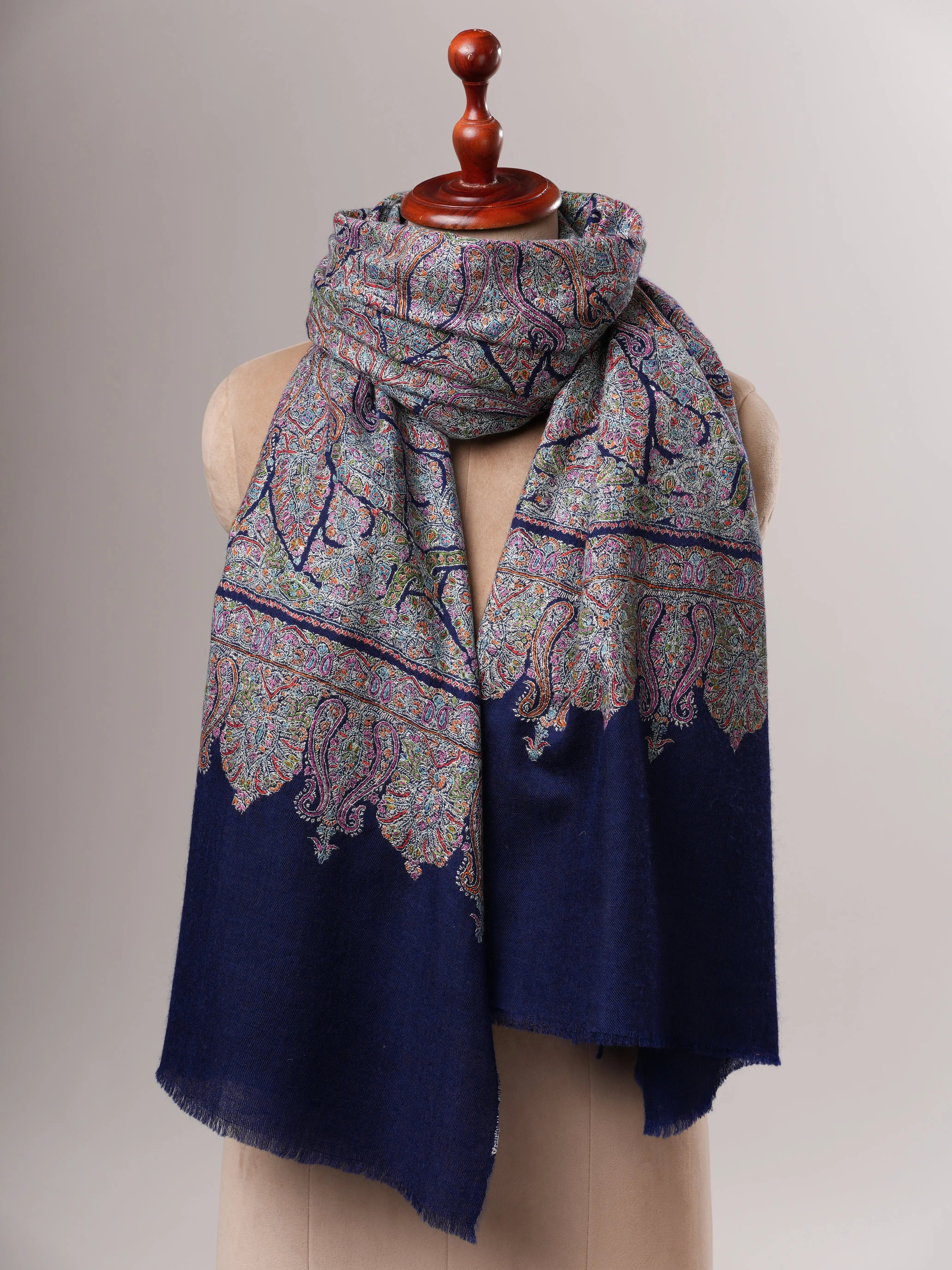 Hand Embroidered Navy Blue Jamavar Shawl with Tarukh Motif Shahkaar