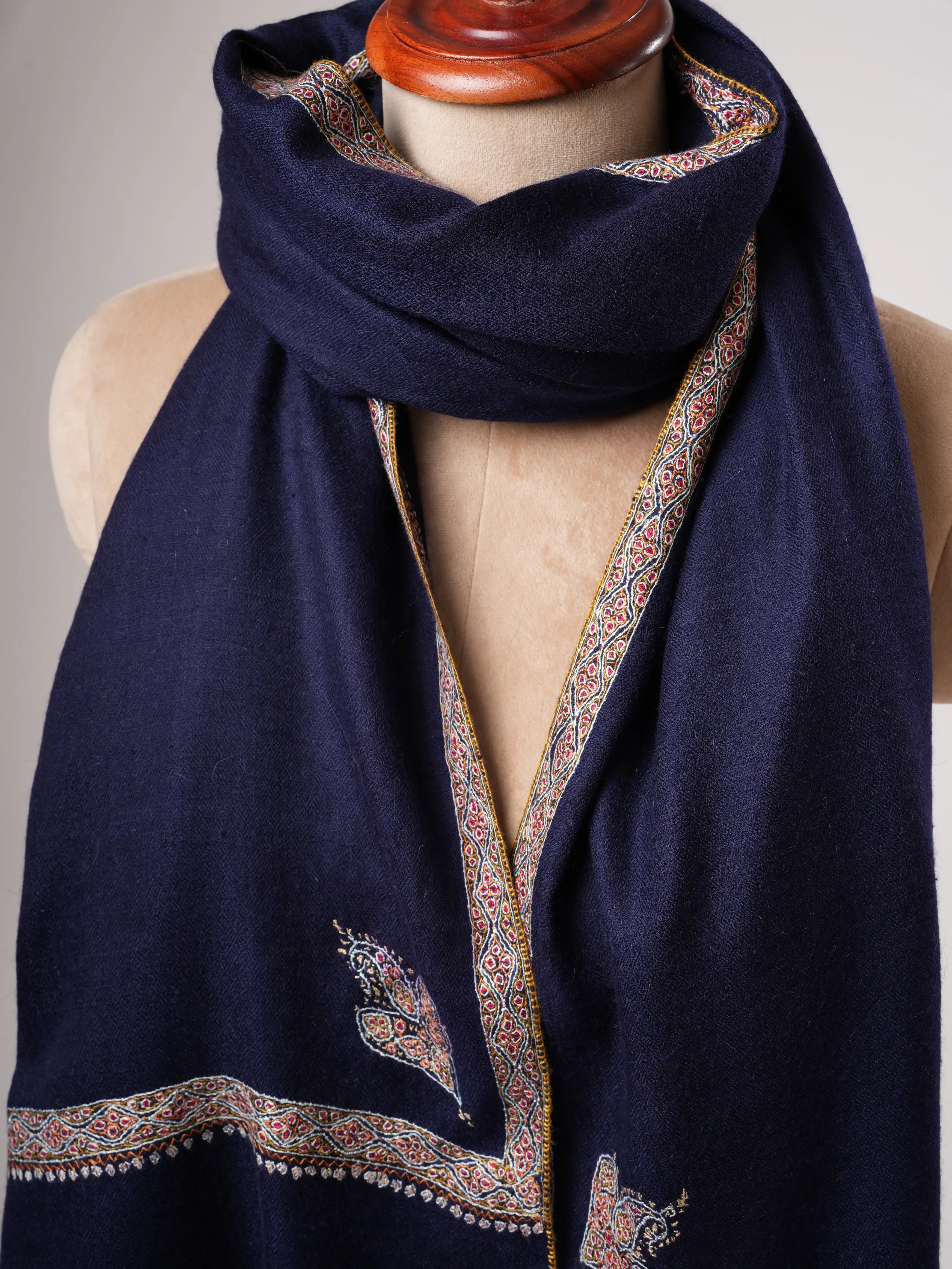 Navy Blue Hashia Embroidered Kashmiri Pashmina Shawl – Festive Luxury Gift Wrap Shahkaar