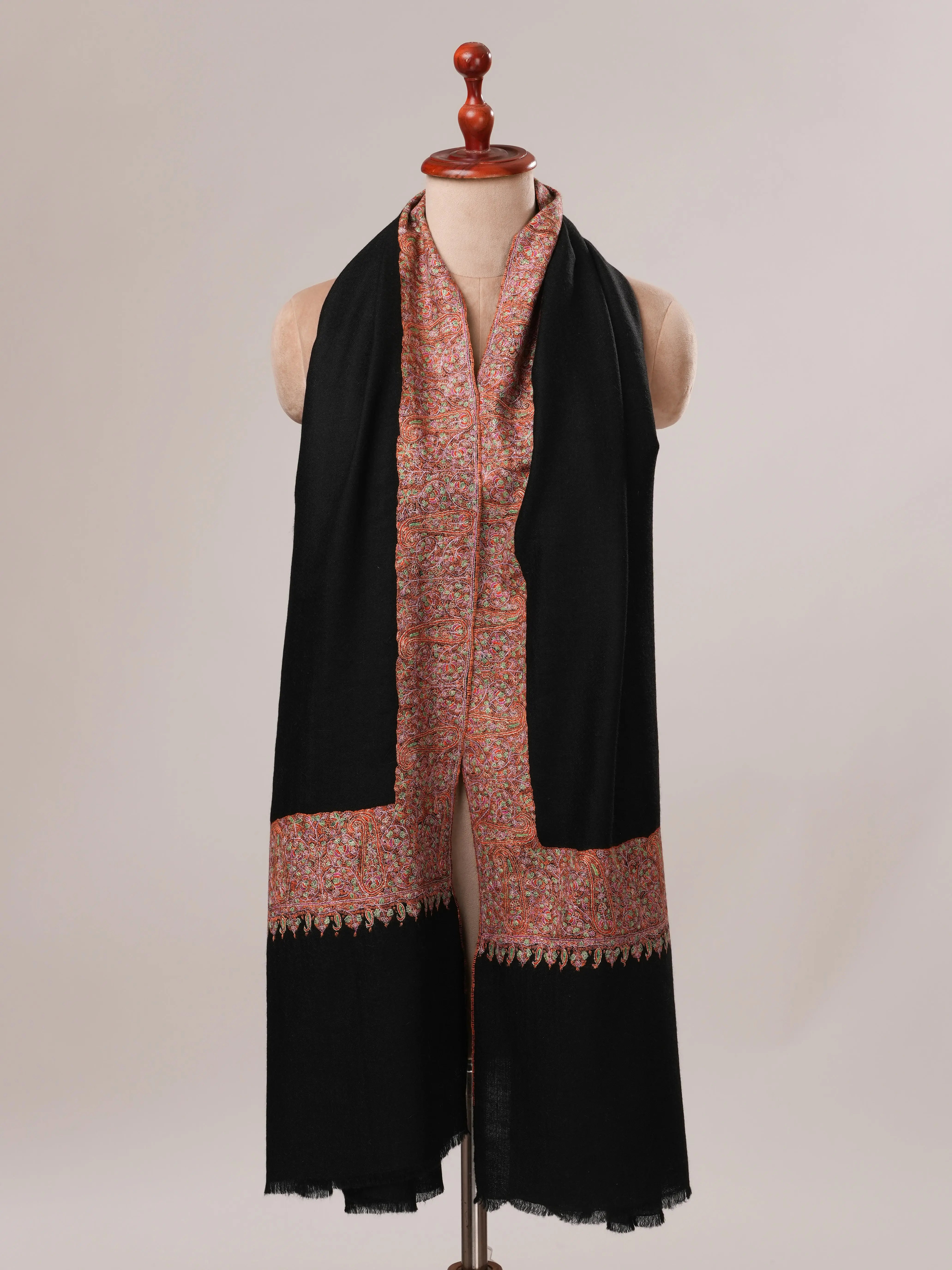 Black Sozni Classic Daurdar Hand Embroidered Pure Pashmina Shawl Shahkaar.com