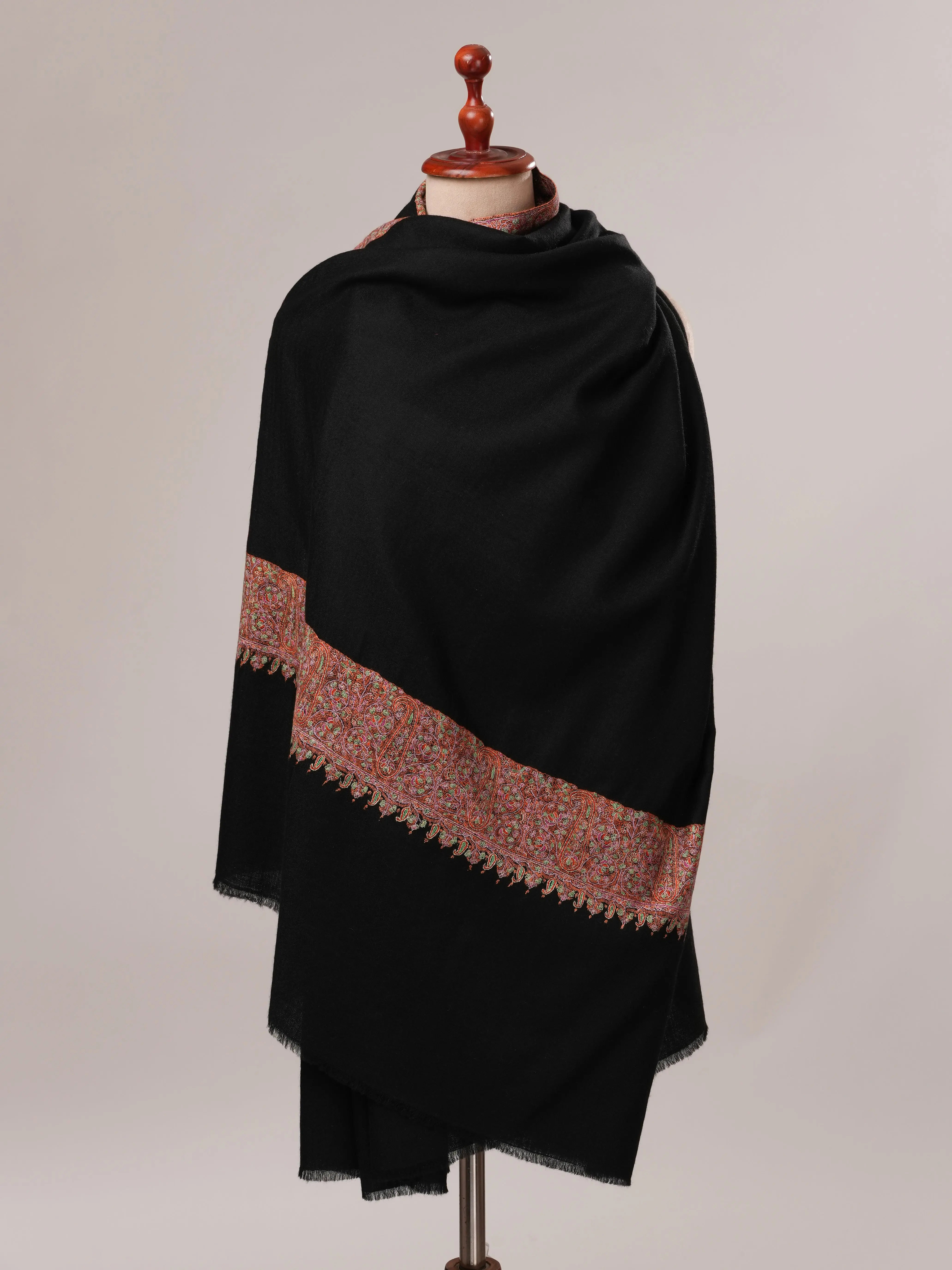 Black Sozni Classic Daurdar Hand Embroidered Pure Pashmina Shawl Shahkaar.com