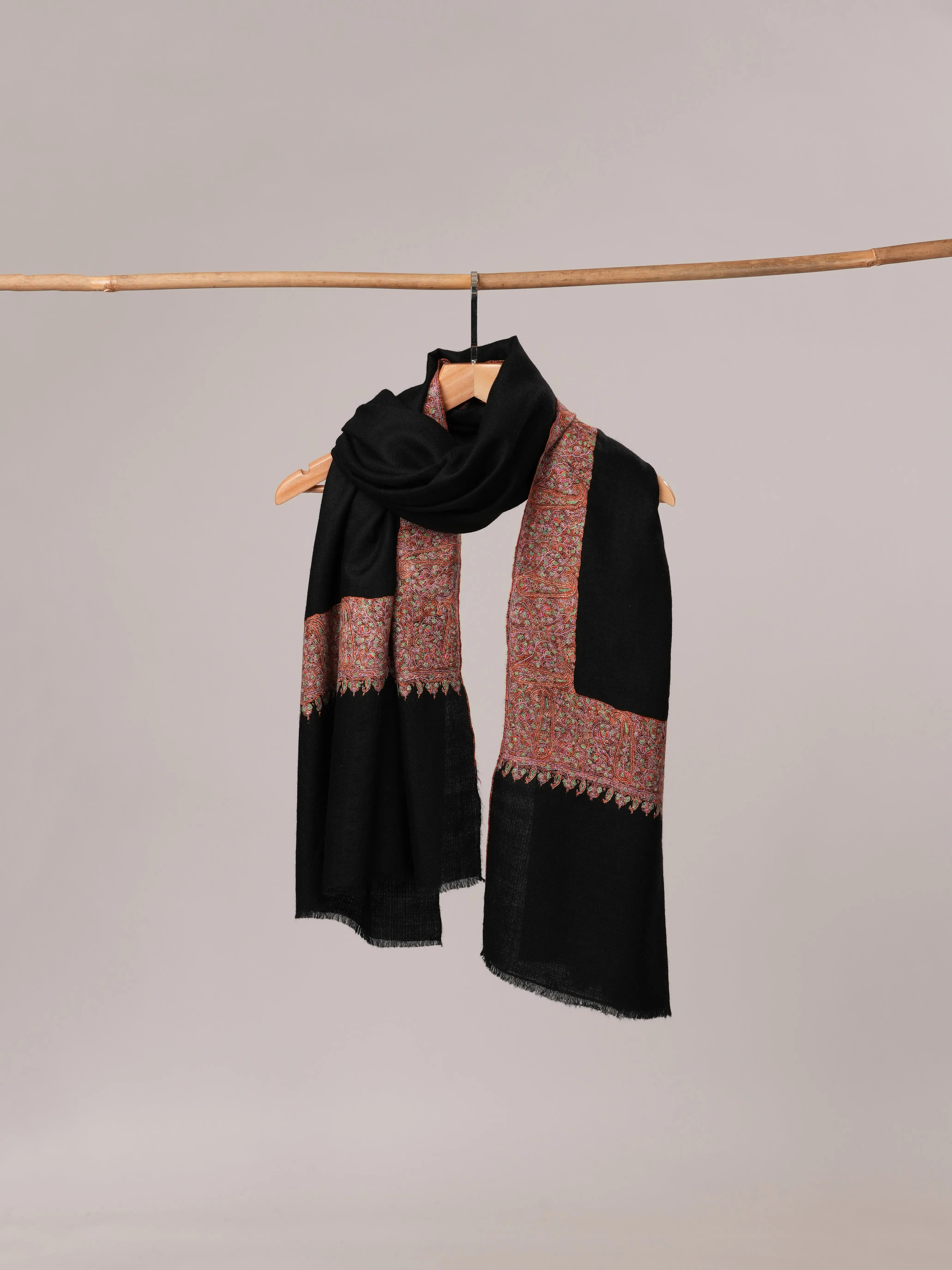 Black Sozni Classic Daurdar Hand Embroidered Pure Pashmina Shawl Shahkaar.com