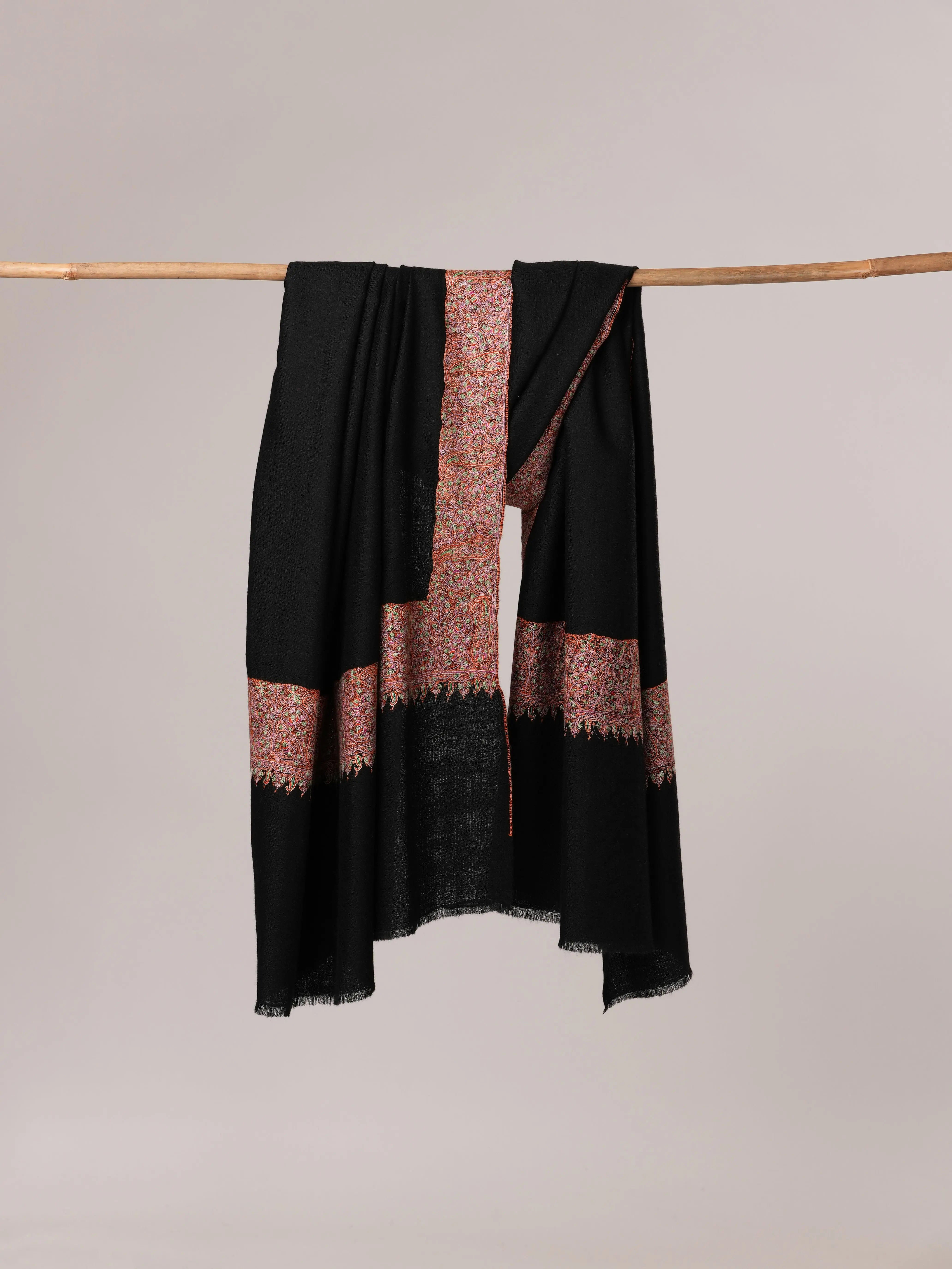 Black Sozni Classic Daurdar Hand Embroidered Pure Pashmina Shawl Shahkaar.com