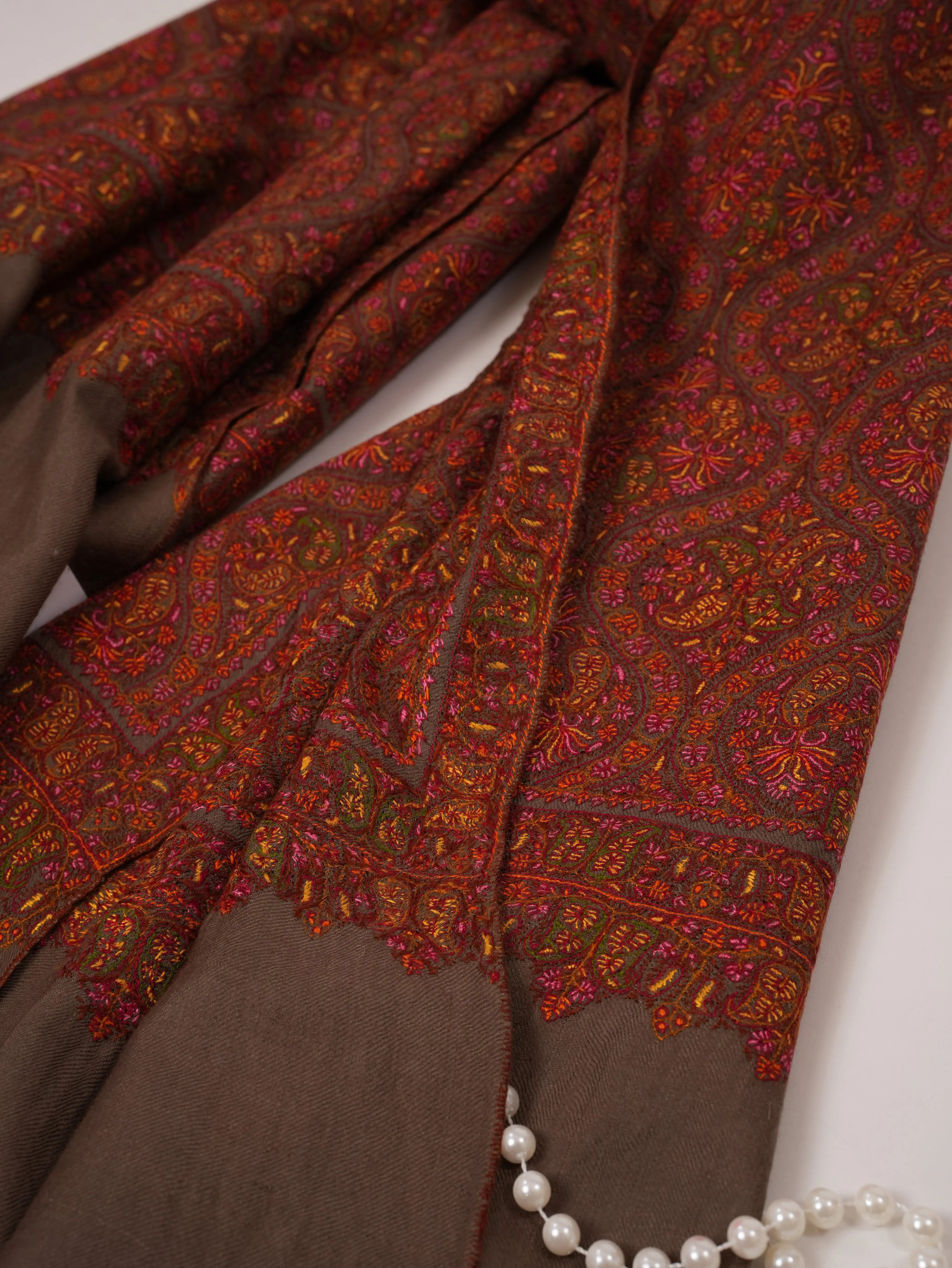 Toosh Color Jamavar Pashmina Shawl with Minute Detailed Silk Hand Embroidery Shahkaar.com