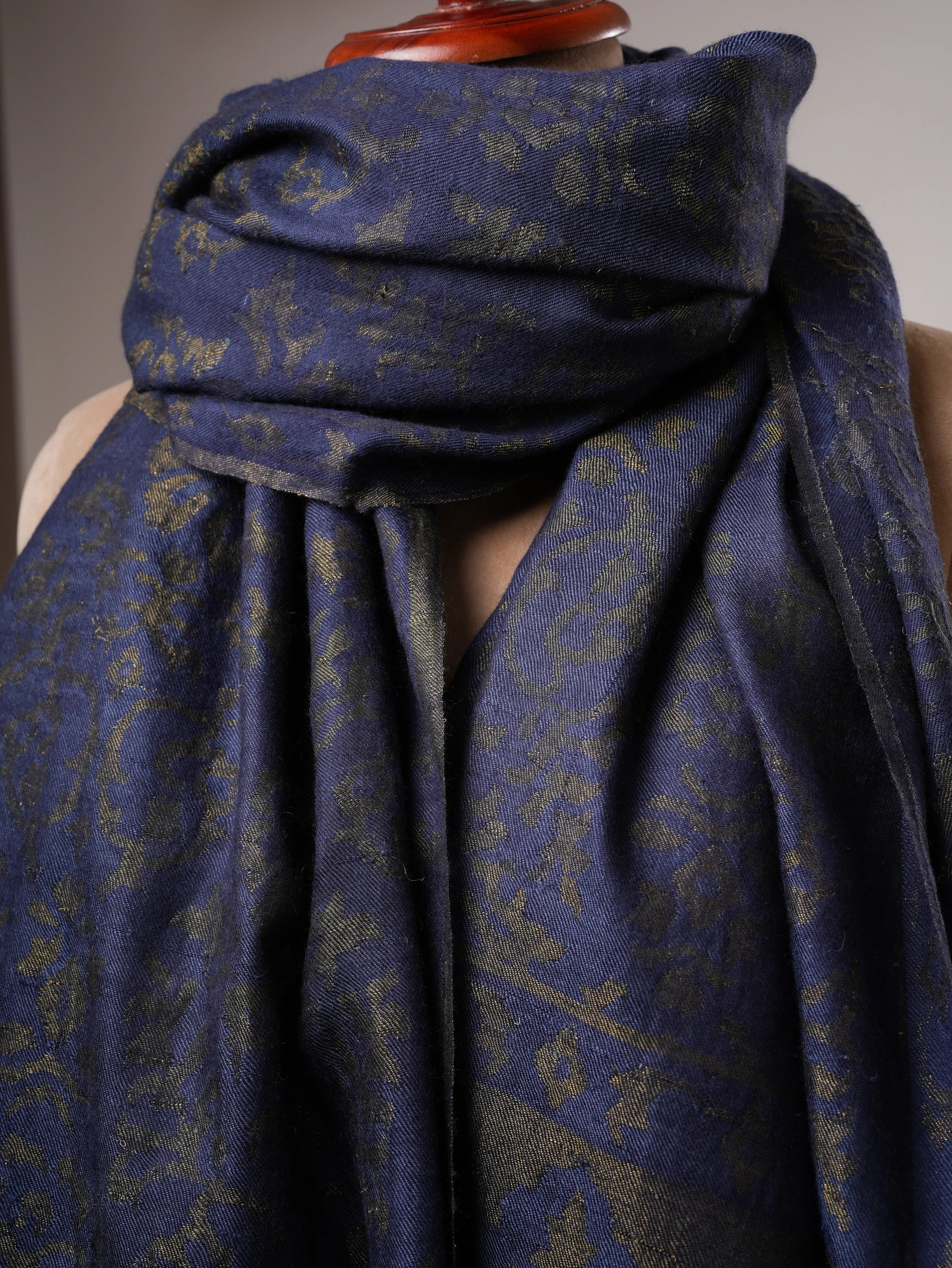 Luxury Blue Pashmina Kani Wrap with Handcrafted Gold Zari Motifs Shahkaar