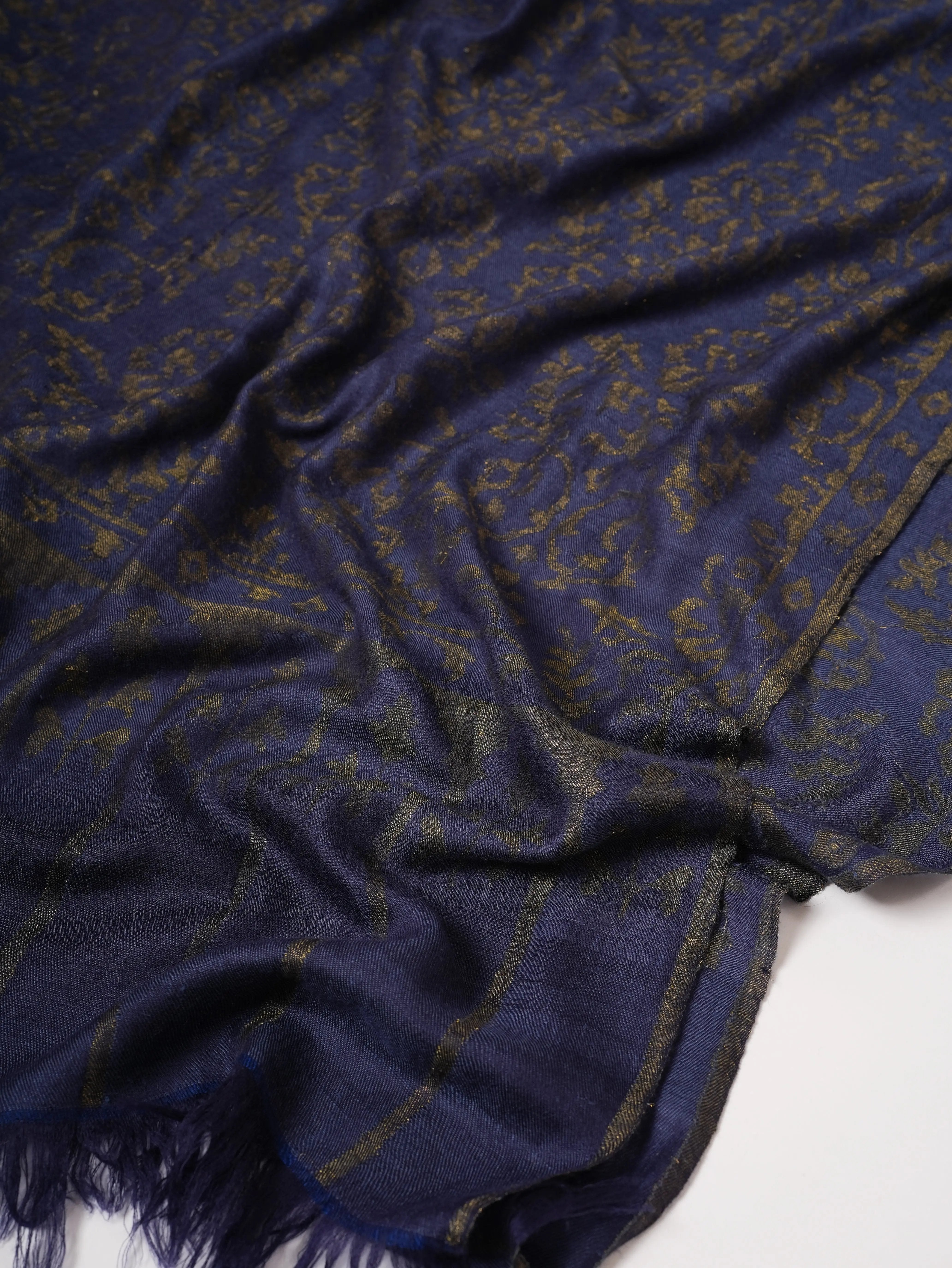 Luxury Blue Pashmina Kani Wrap with Handcrafted Gold Zari Motifs Shahkaar