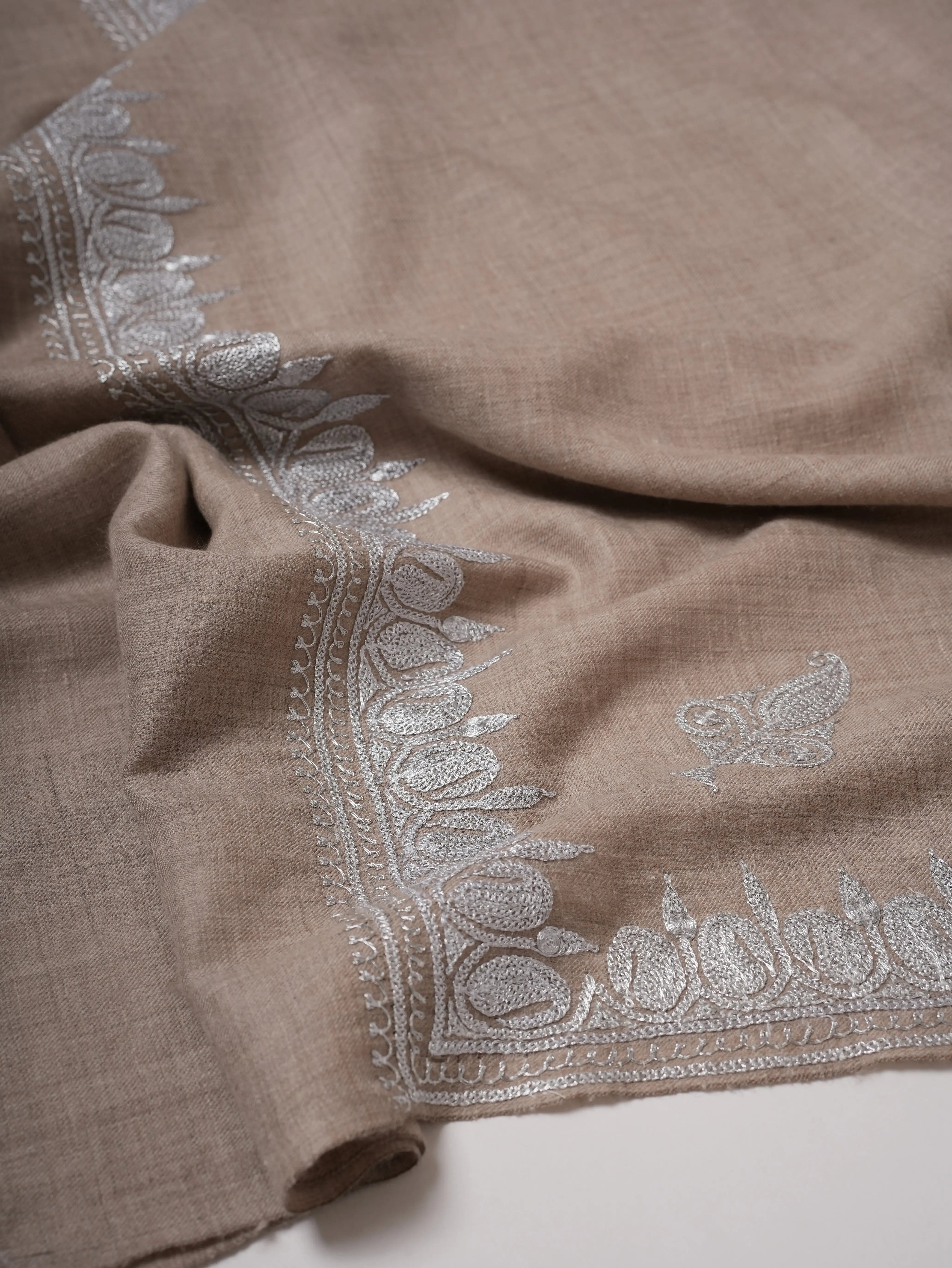 Grey Pashmina Shawl with Handcrafted Hashia Silver Tilla Work Shahkaar