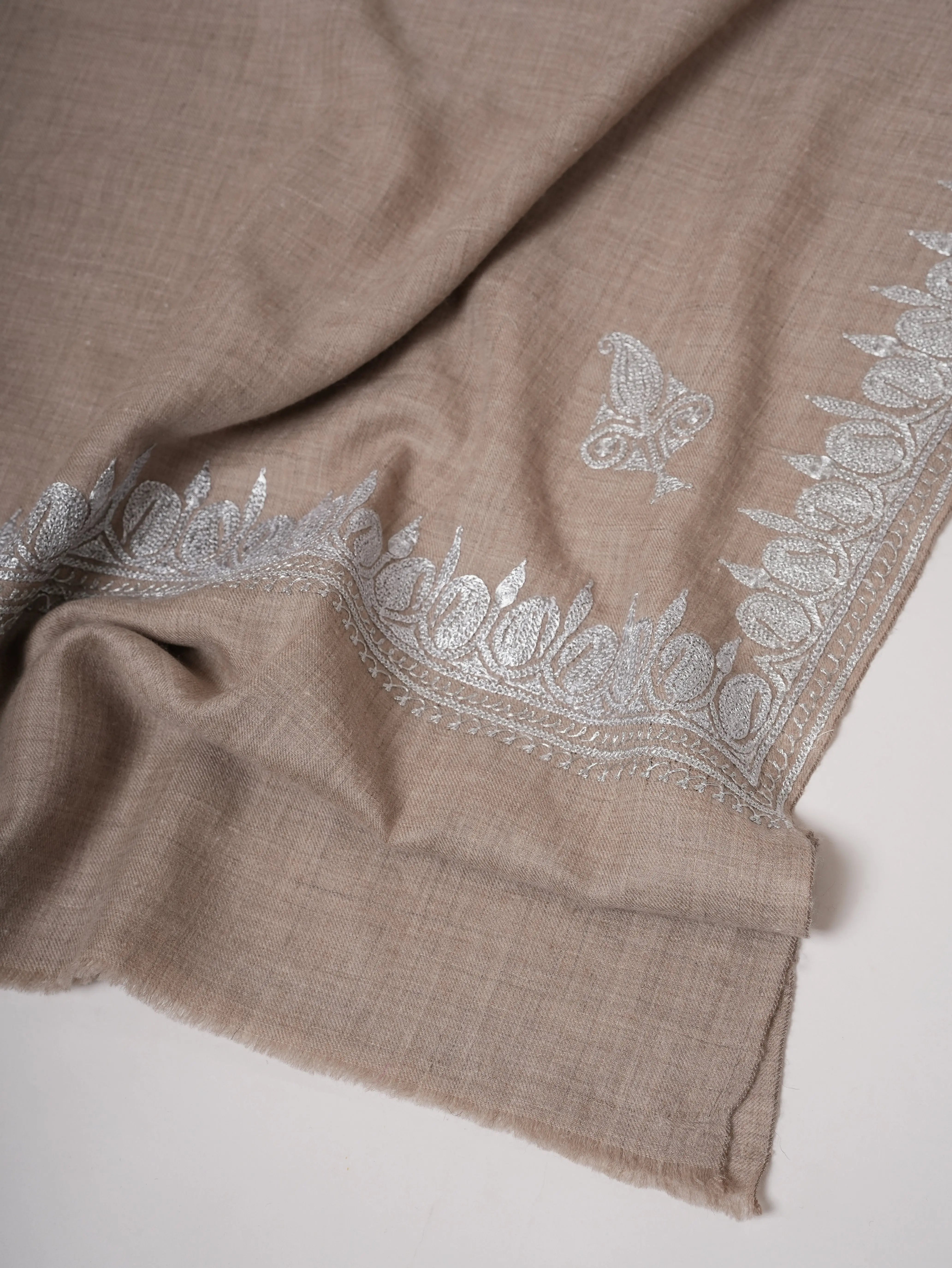 Grey Pashmina Shawl with Handcrafted Hashia Silver Tilla Work Shahkaar