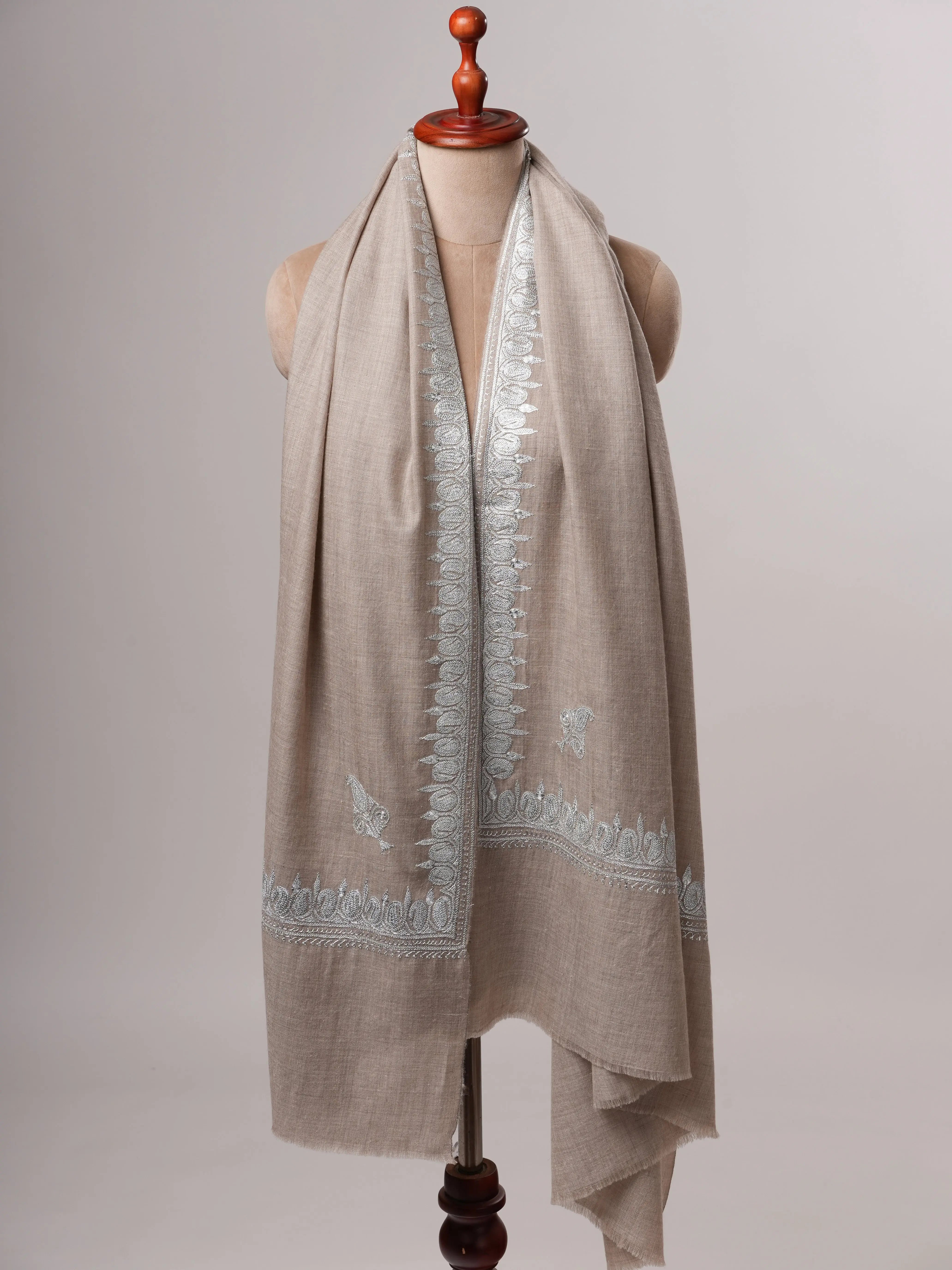 Grey Pashmina Shawl with Handcrafted Hashia Silver Tilla Work Shahkaar