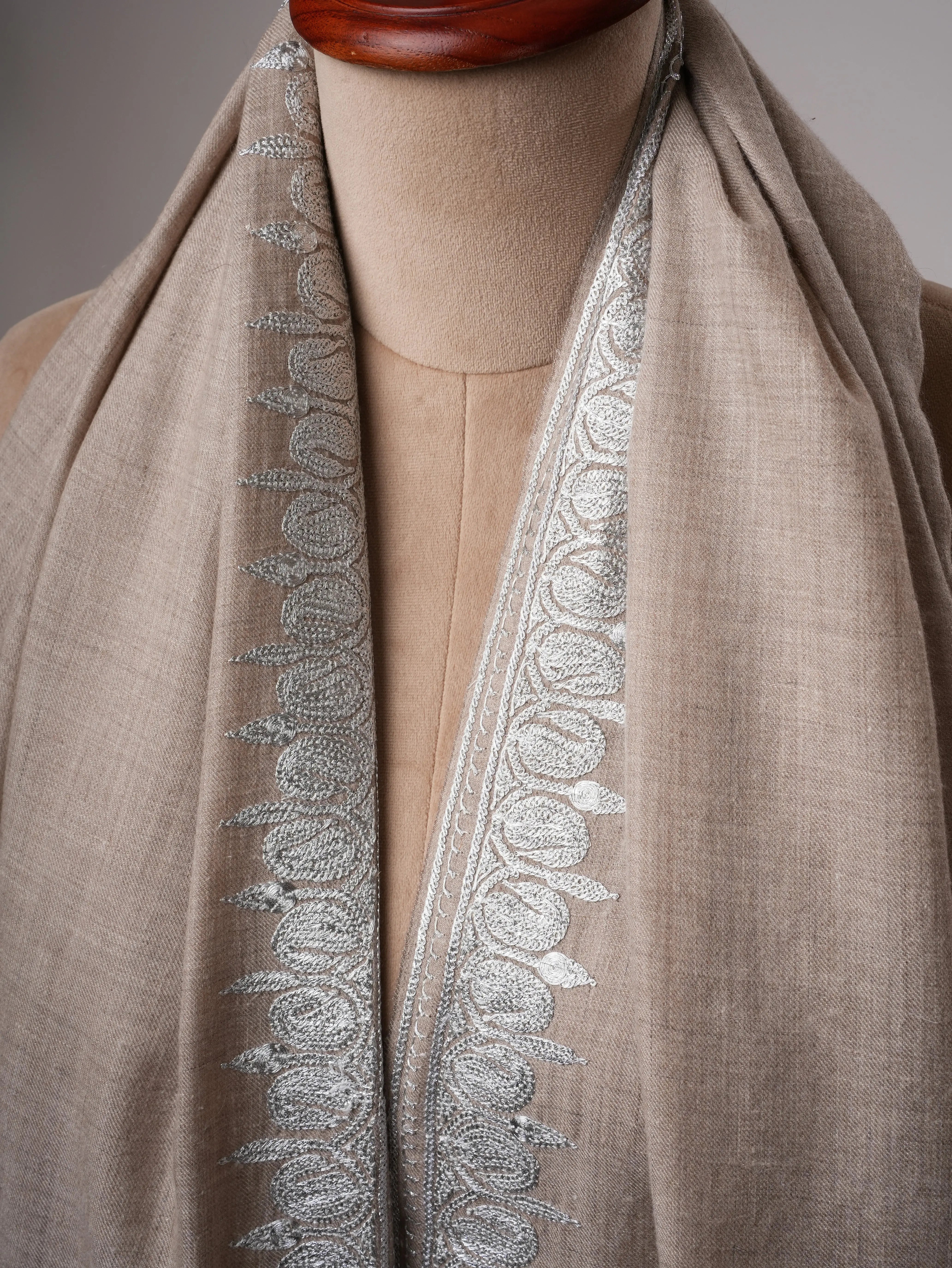 Grey Pashmina Shawl with Handcrafted Hashia Silver Tilla Work Shahkaar