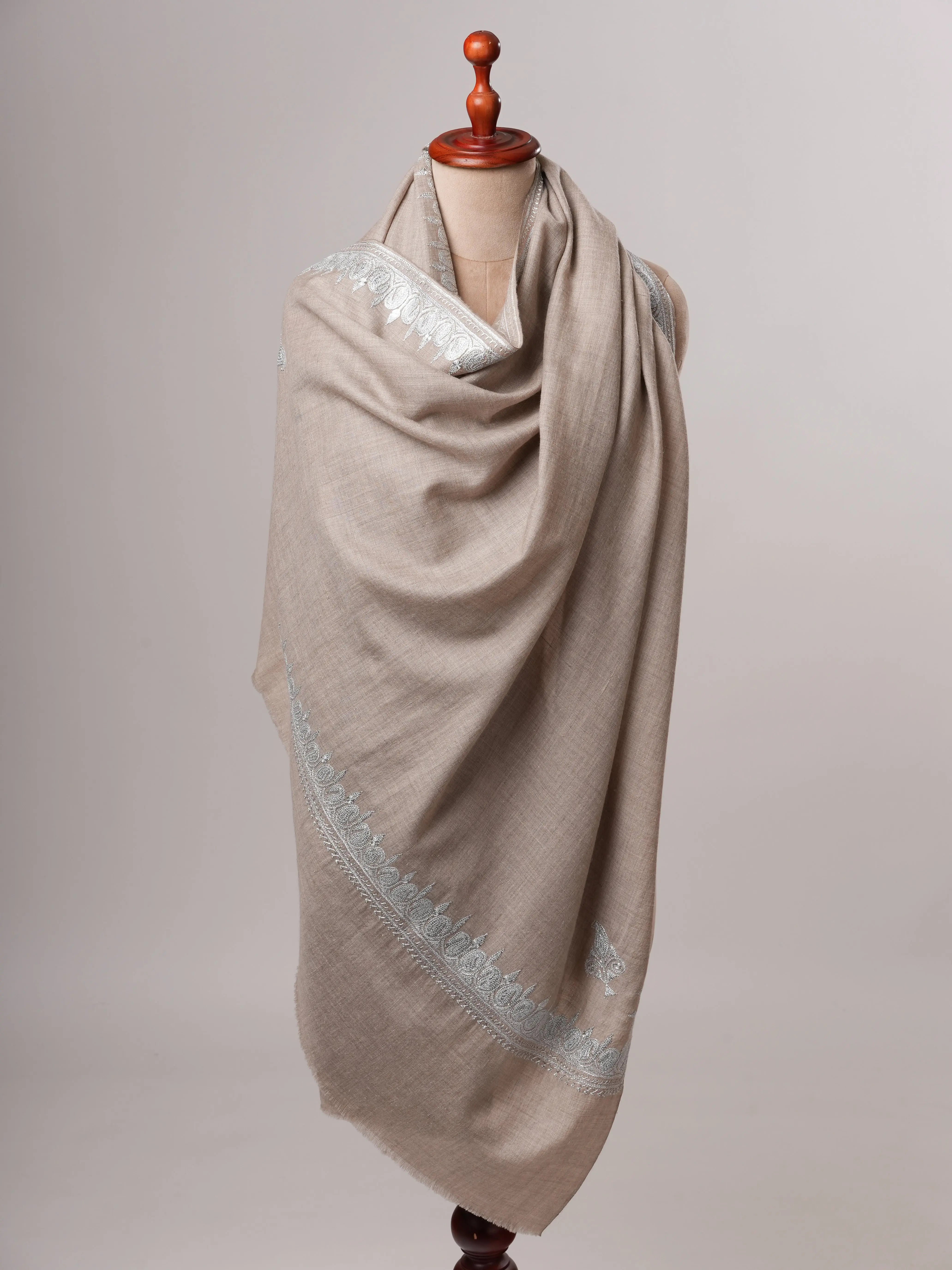 Grey Pashmina Shawl with Handcrafted Hashia Silver Tilla Work Shahkaar