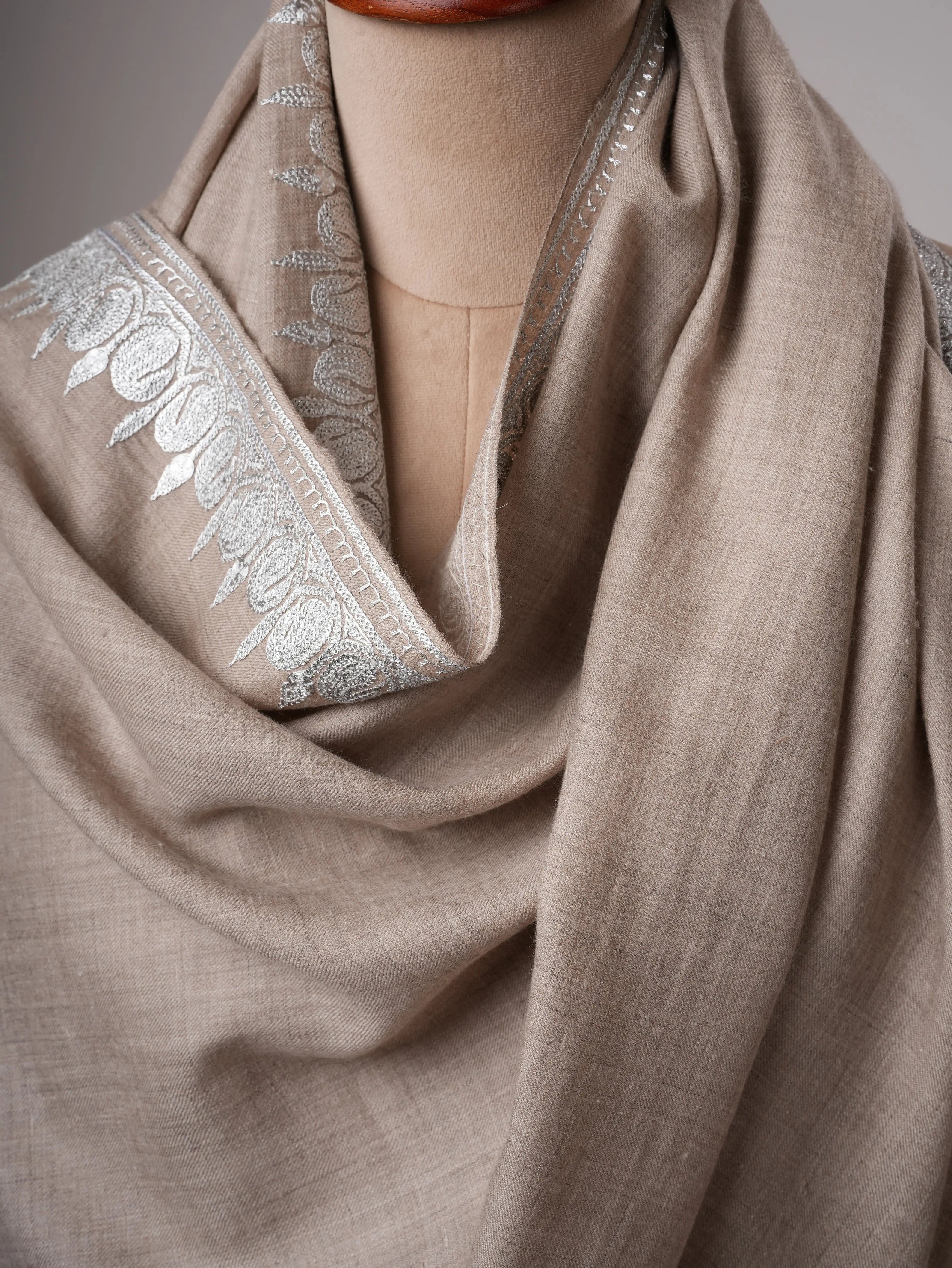 Grey Pashmina Shawl with Handcrafted Hashia Silver Tilla Work Shahkaar