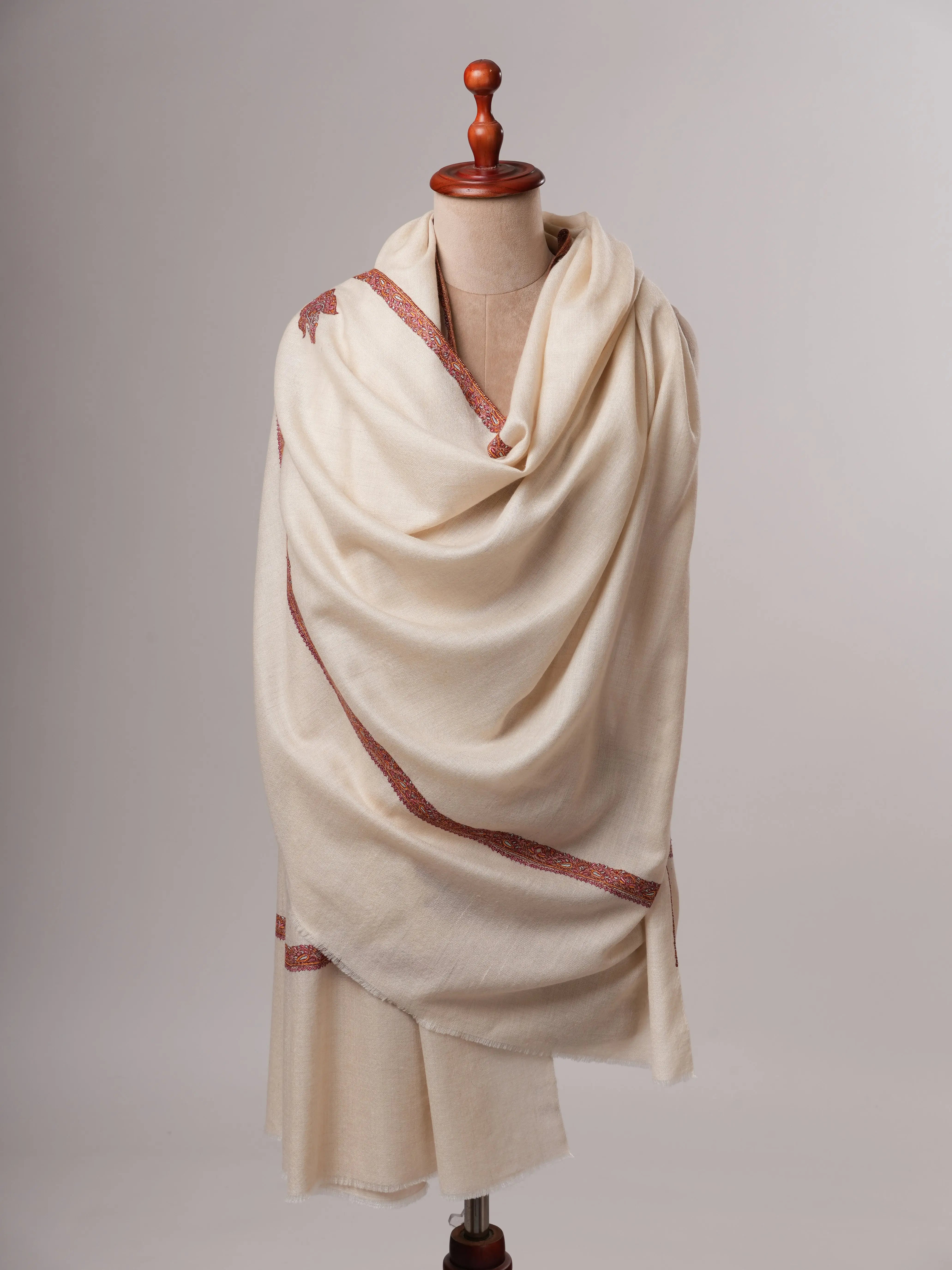 Artisan Made Ivory Pashmina Shawl Featuring Hashia Hand Embroidery Shahkaar
