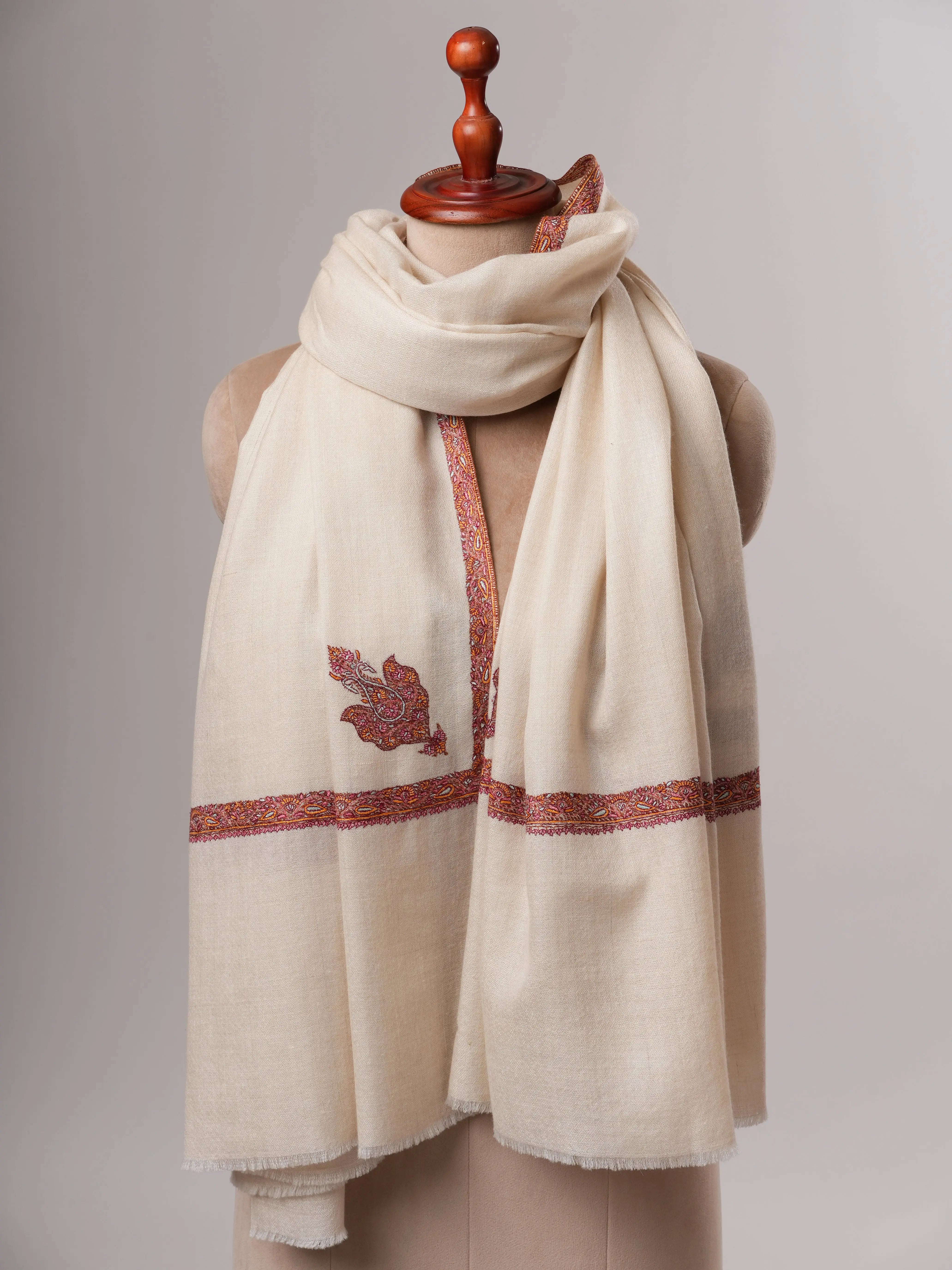 Artisan Made Ivory Pashmina Shawl Featuring Hashia Hand Embroidery Shahkaar