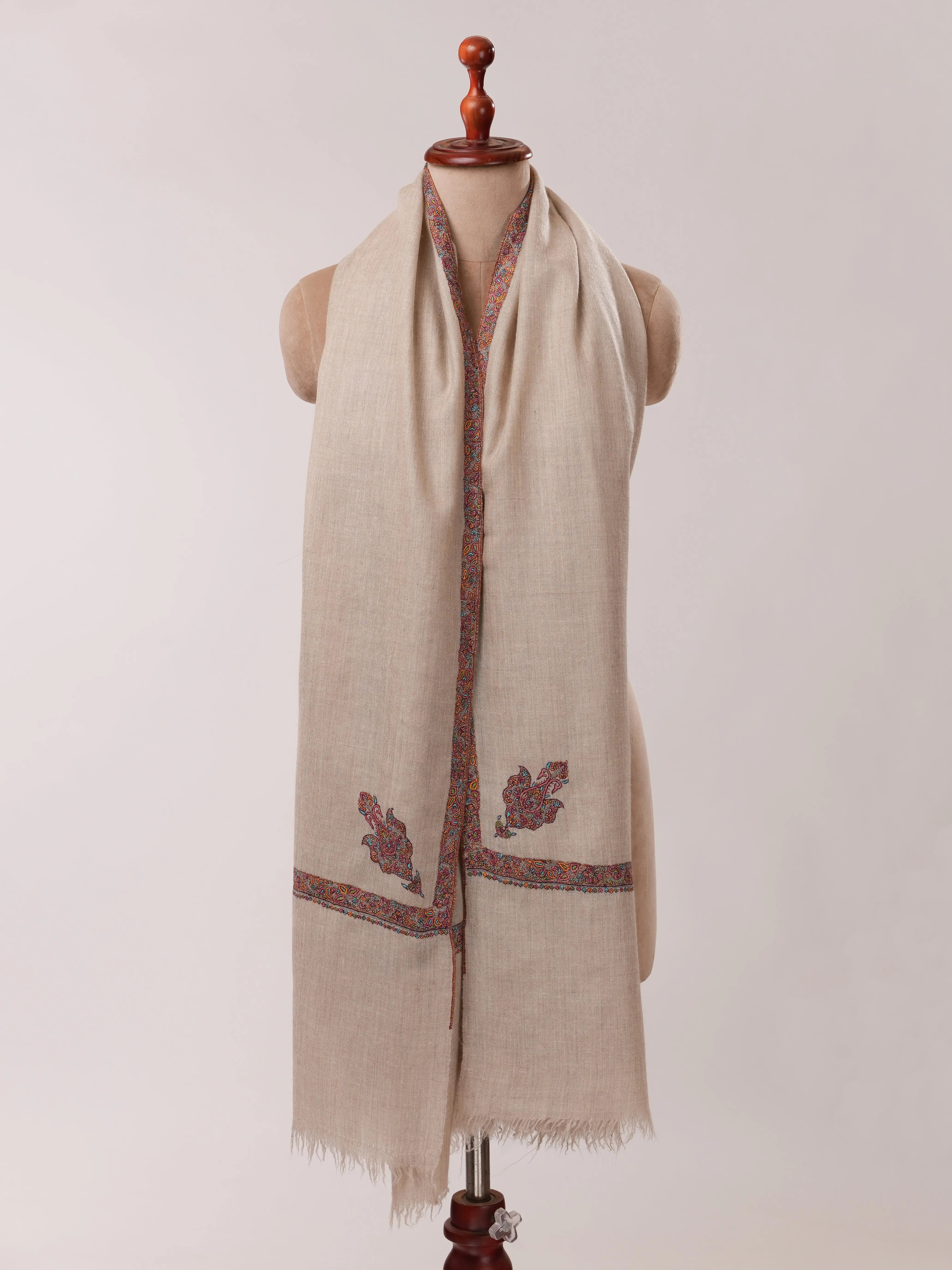 Natural Grey Pashmina Shawl with Hashia Embroidery & Classic Corner Motif Shahkaar.com