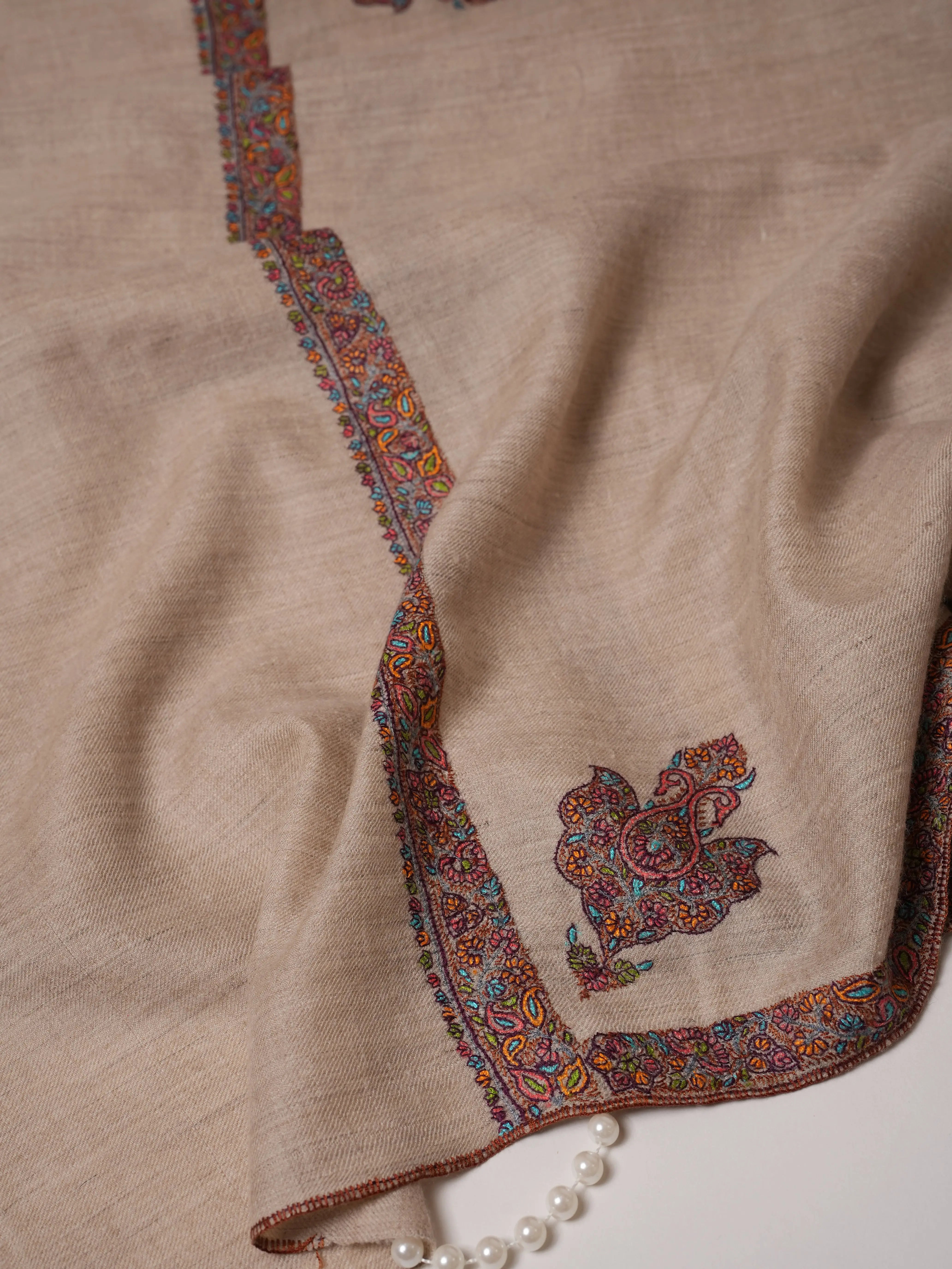 Natural Grey Pashmina Shawl with Hashia Embroidery & Classic Corner Motif Shahkaar.com