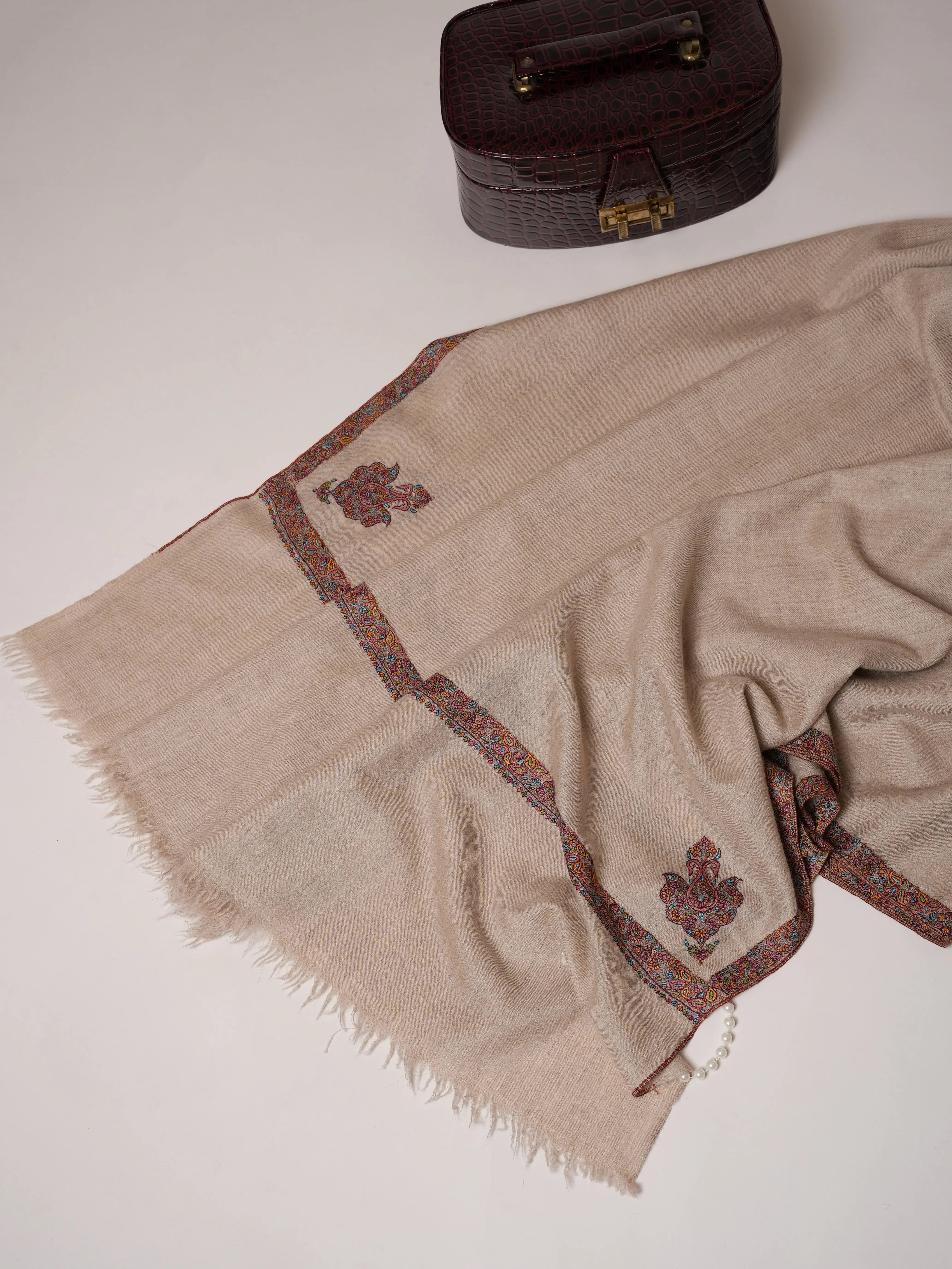 Natural Grey Pashmina Shawl with Hashia Embroidery & Classic Corner Motif Shahkaar.com