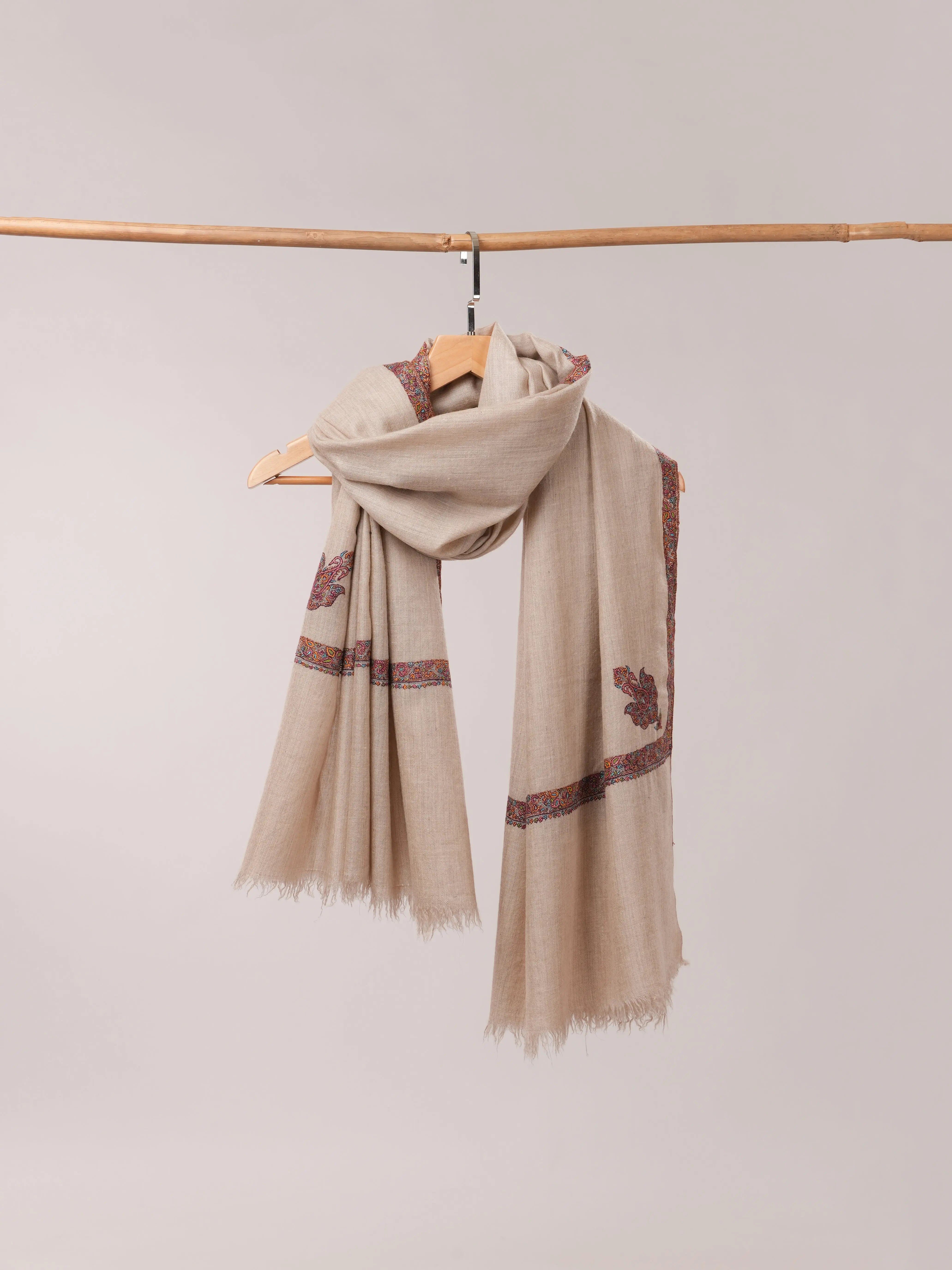 Natural Grey Pashmina Shawl with Hashia Embroidery & Classic Corner Motif Shahkaar.com
