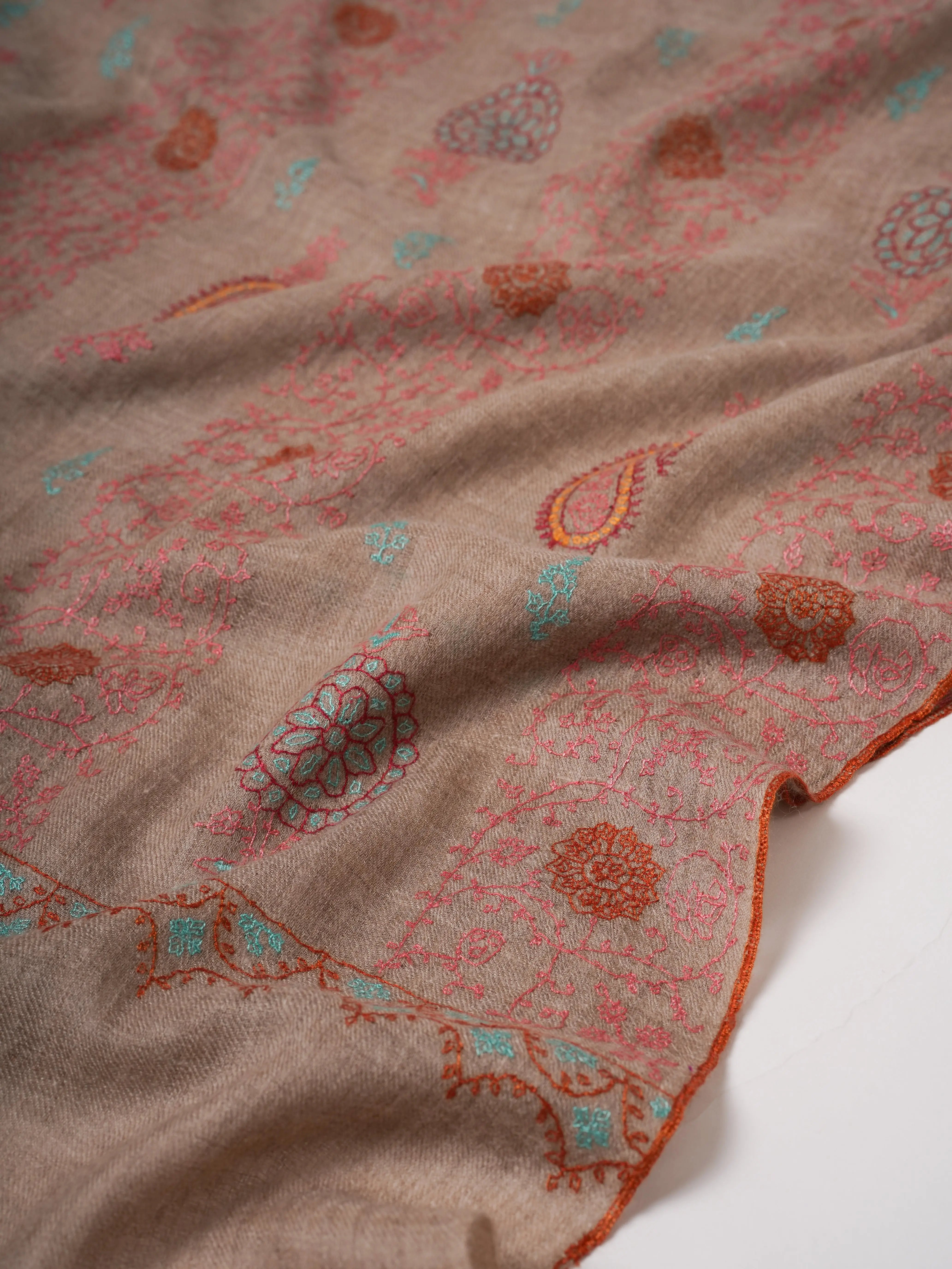 Artisan Made Grey Cashmere Scarf with Detailed Hand Embroidery Shahkaar