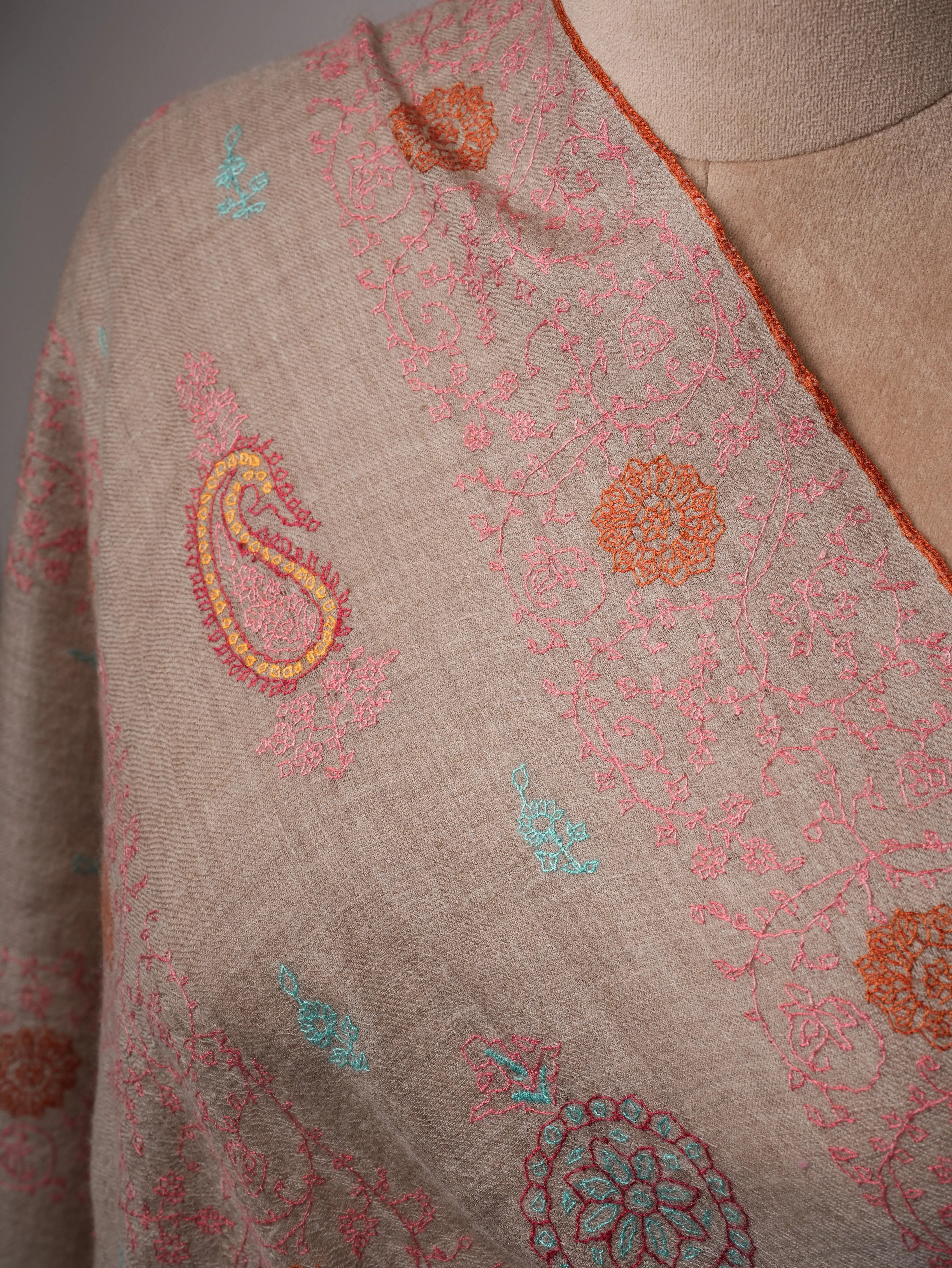 Artisan Made Grey Cashmere Scarf with Detailed Hand Embroidery Shahkaar