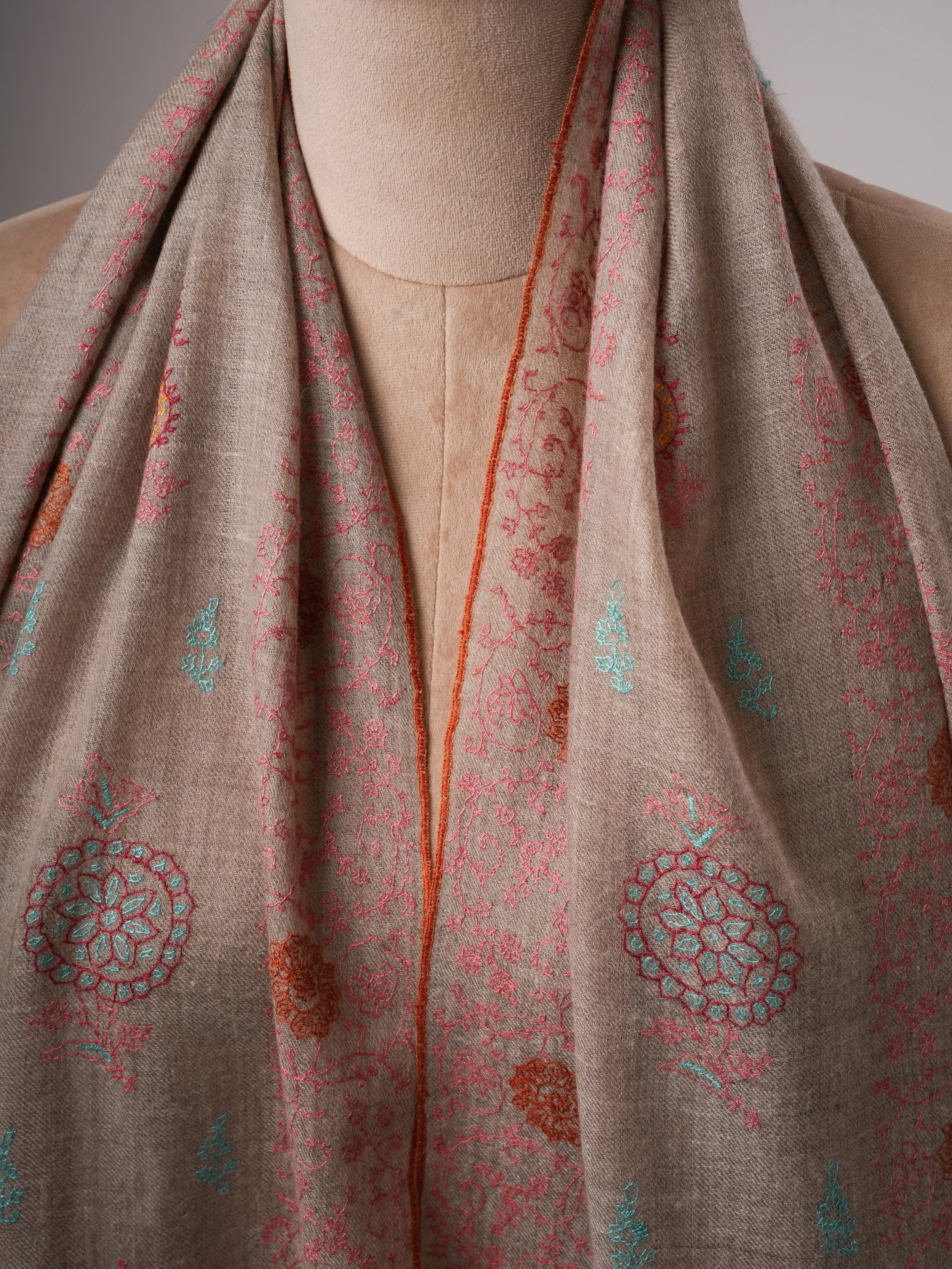 Artisan Made Grey Cashmere Scarf with Detailed Hand Embroidery Shahkaar