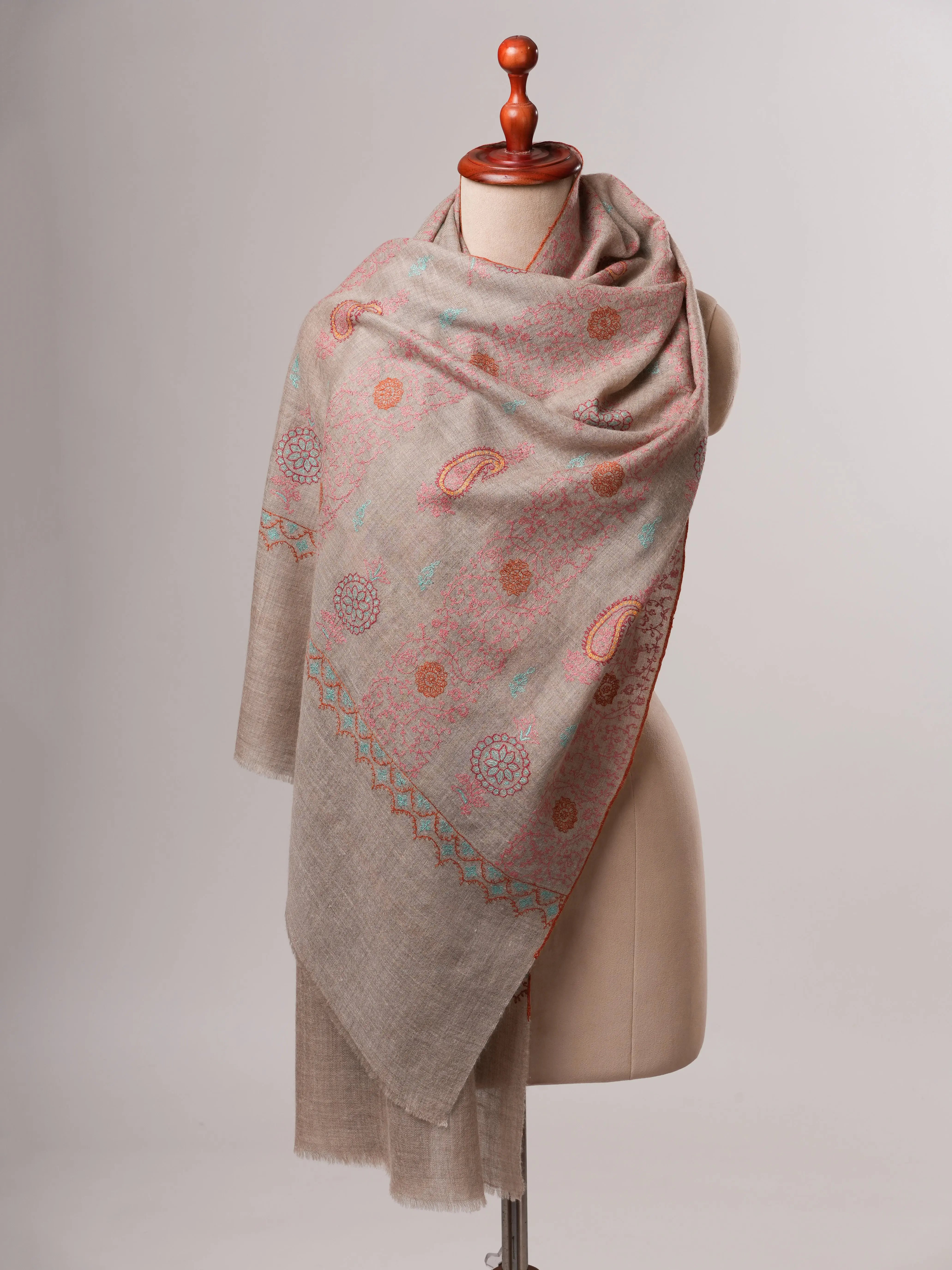 Artisan Made Grey Cashmere Scarf with Detailed Hand Embroidery Shahkaar