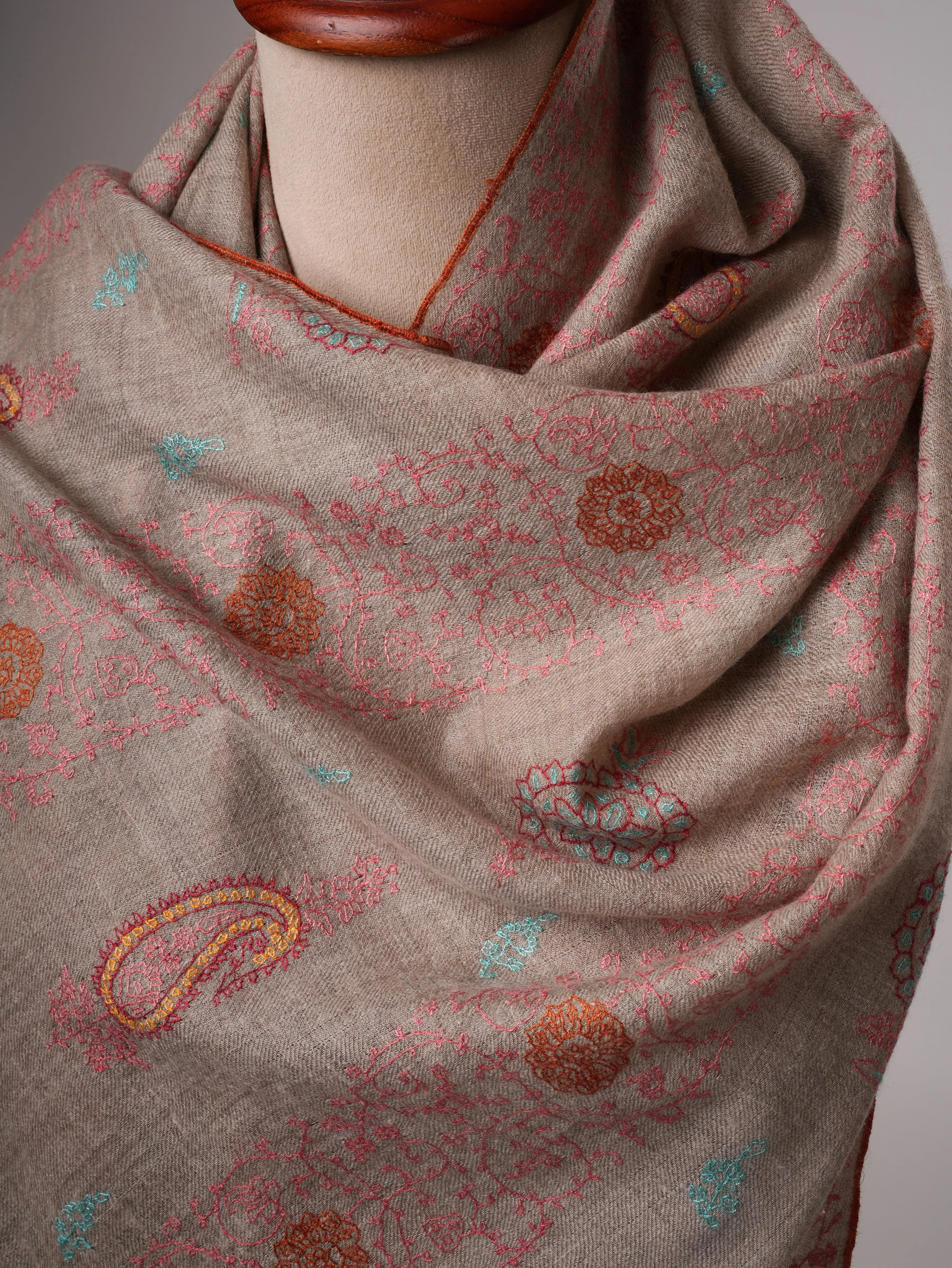 Artisan Made Grey Cashmere Scarf with Detailed Hand Embroidery Shahkaar