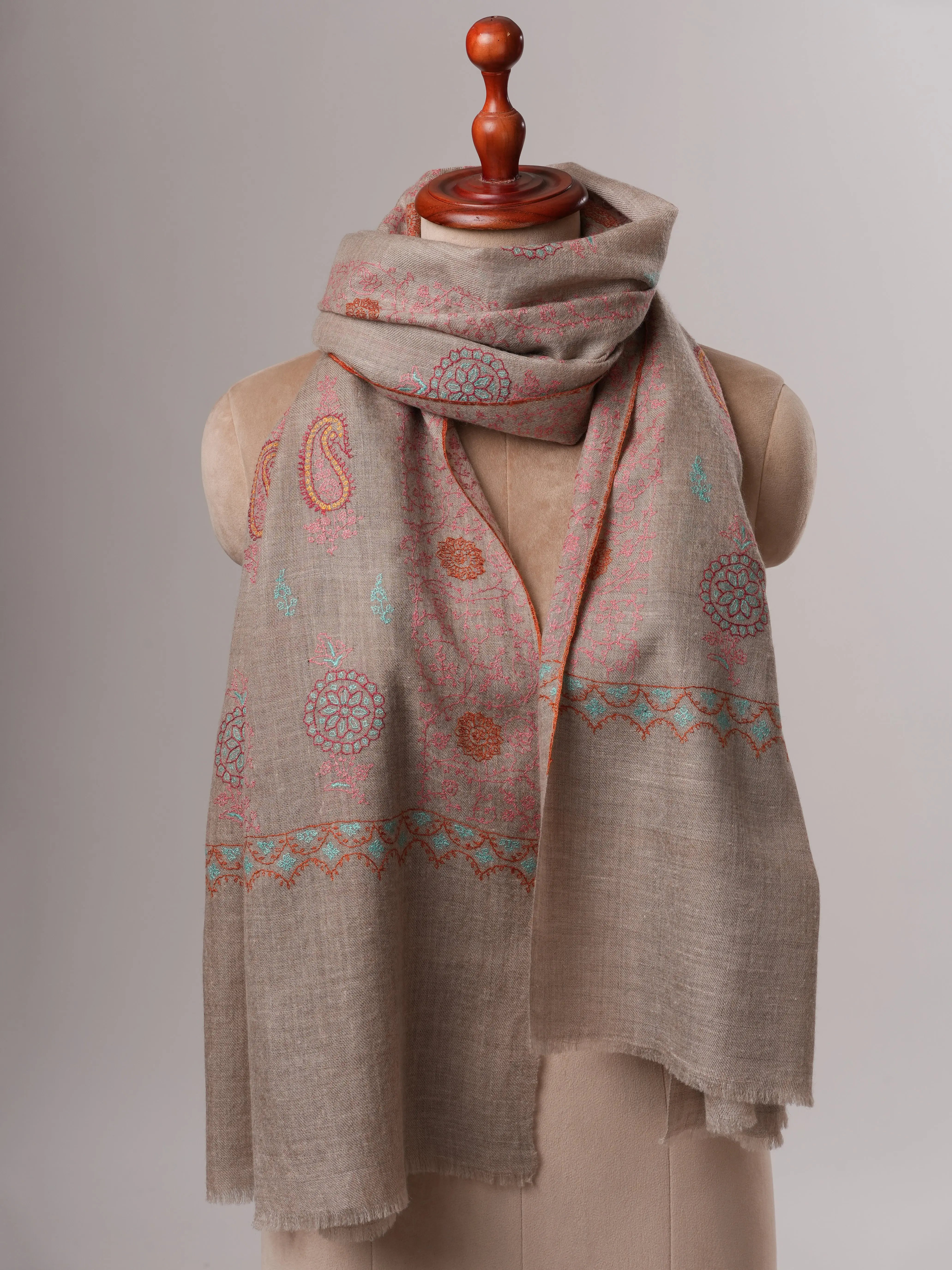Artisan Made Grey Cashmere Scarf with Detailed Hand Embroidery Shahkaar