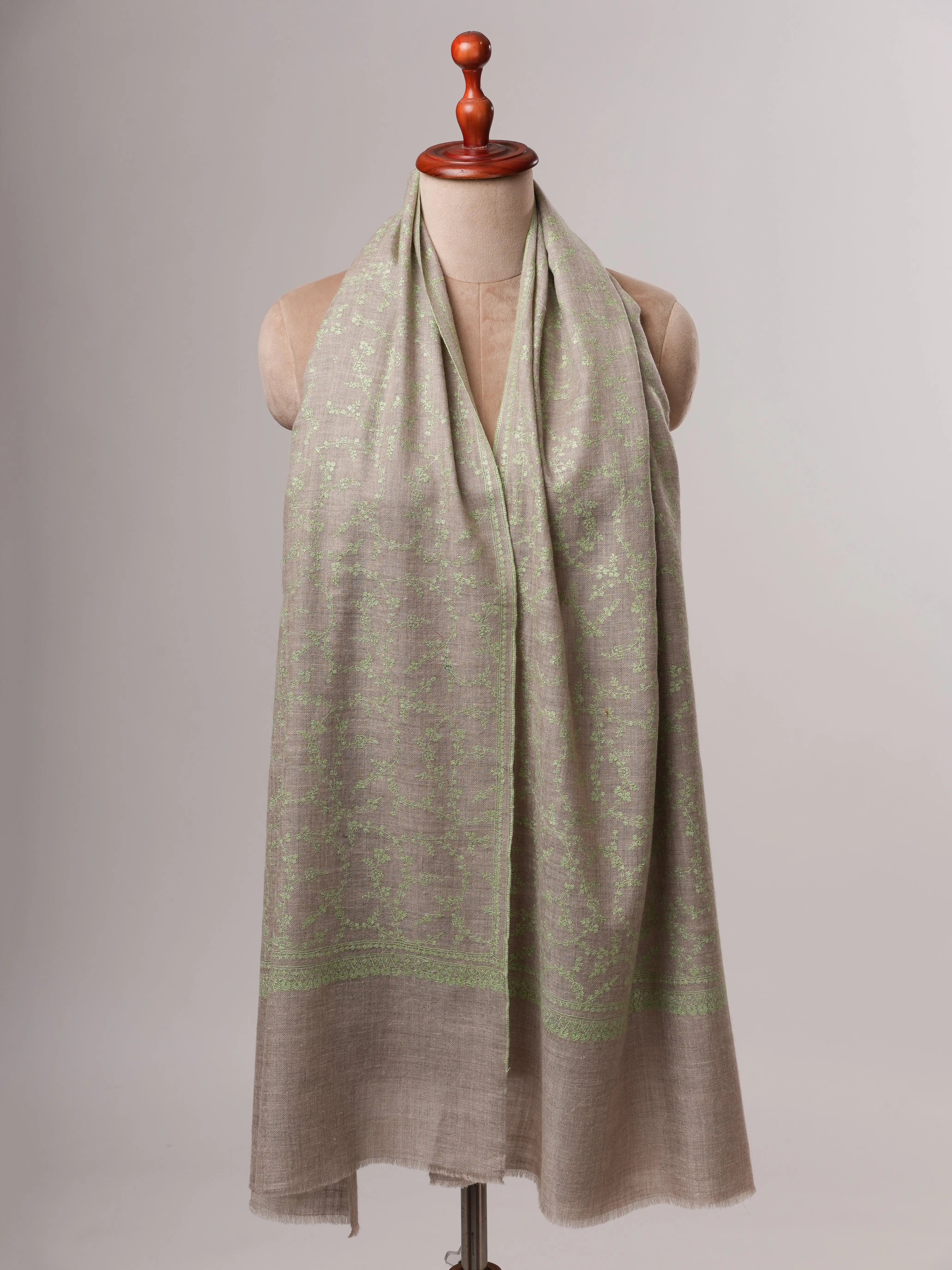 Baby Soft Grey Cashmere Scarf with Exquisite Hand Embroidery Shahkaar