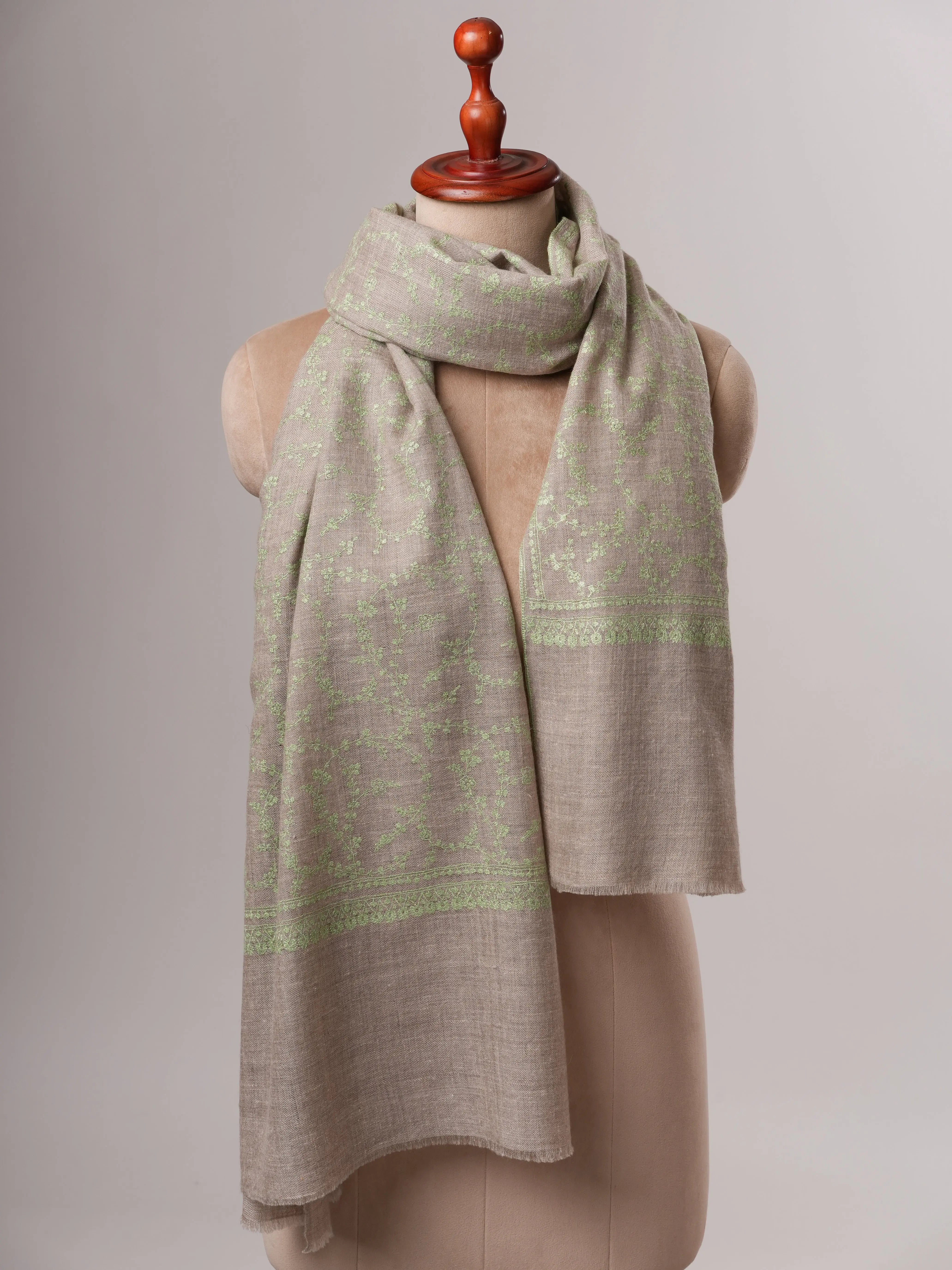 Baby Soft Grey Cashmere Scarf with Exquisite Hand Embroidery Shahkaar