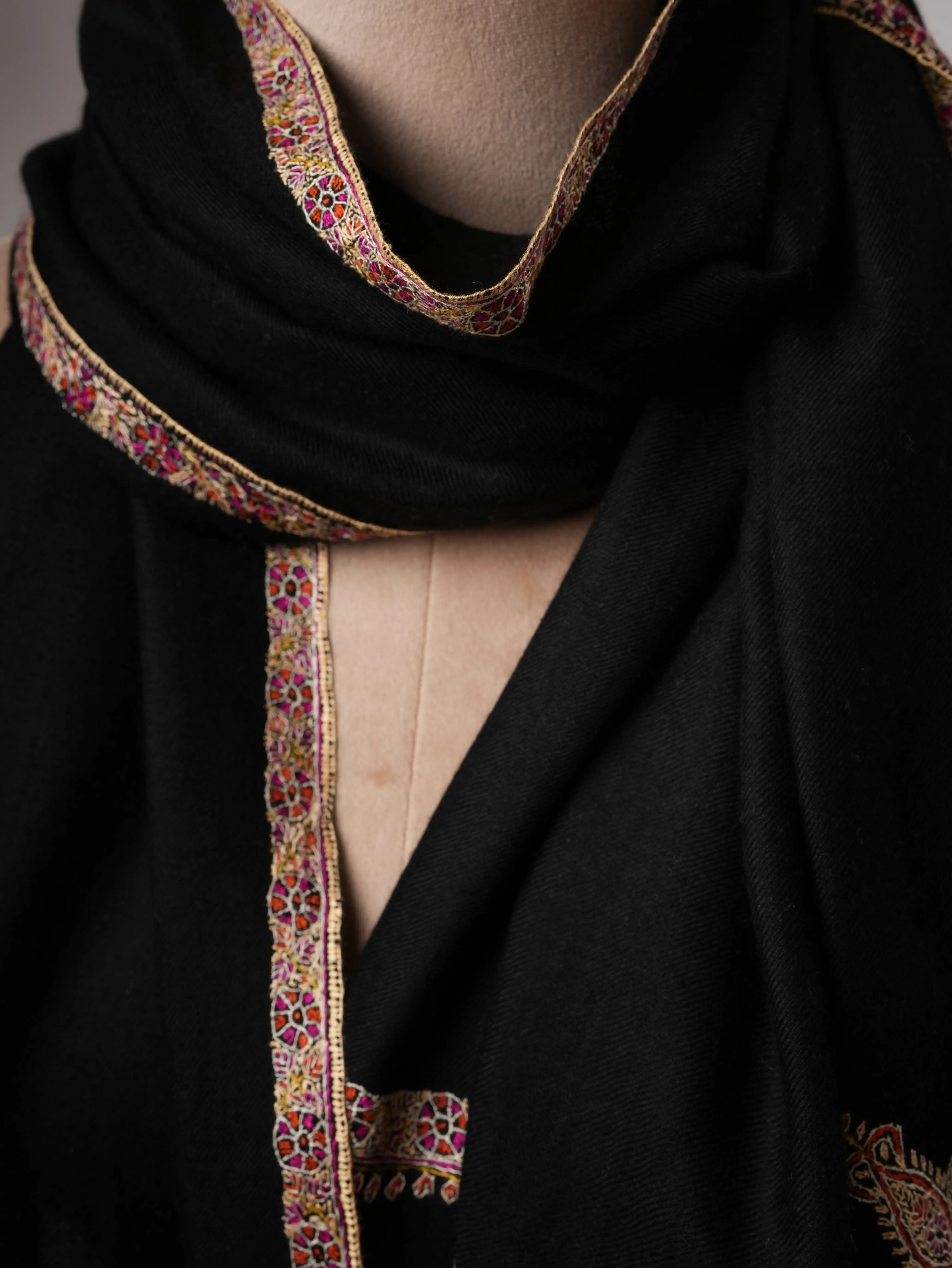 Handcrafted Black Soft Cashmere Scarf with Hashia Embroidery Shahkaar