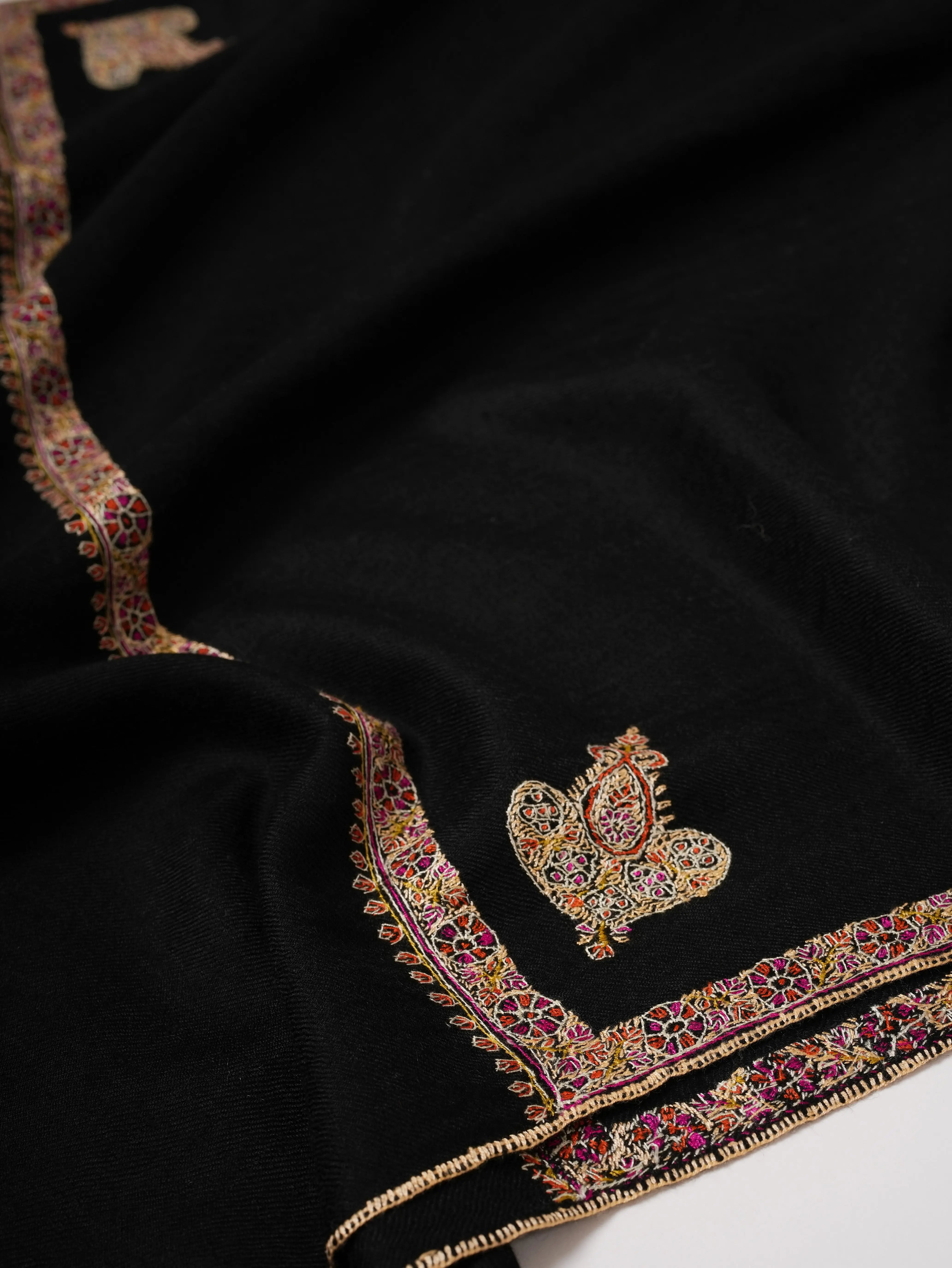 Handcrafted Black Soft Cashmere Scarf with Hashia Embroidery Shahkaar