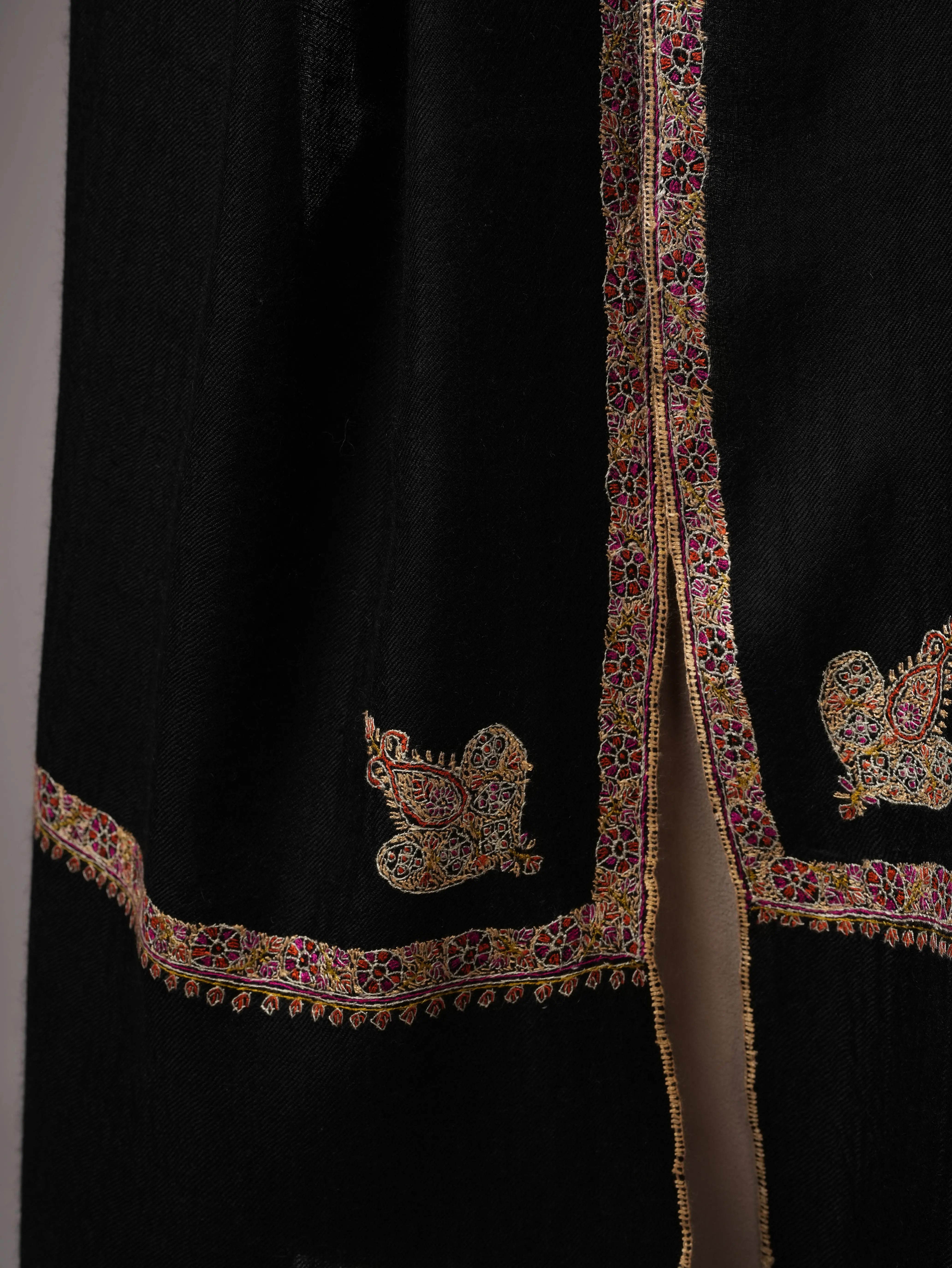 Handcrafted Black Soft Cashmere Scarf with Hashia Embroidery Shahkaar