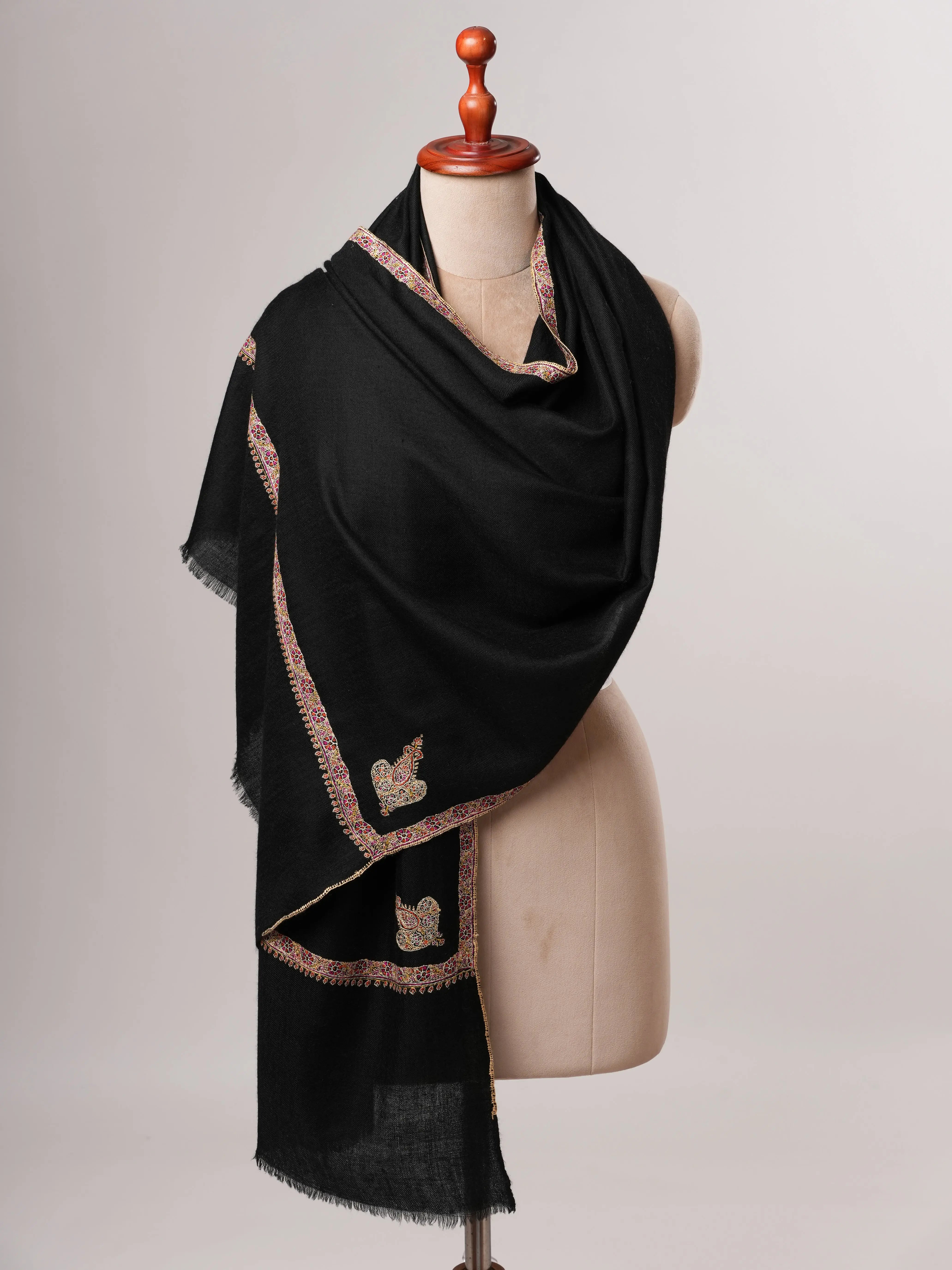 Handcrafted Black Soft Cashmere Scarf with Hashia Embroidery Shahkaar