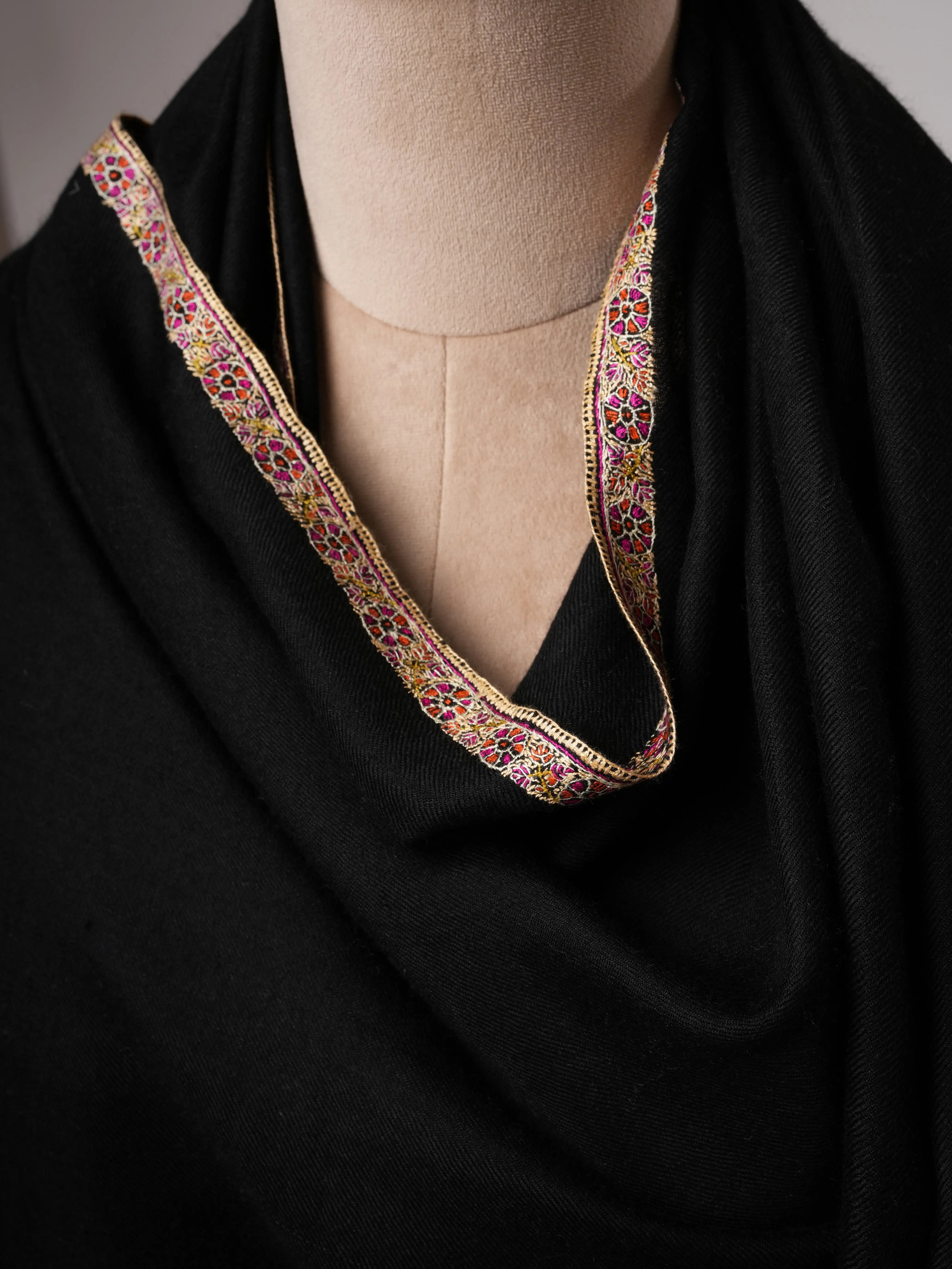 Handcrafted Black Soft Cashmere Scarf with Hashia Embroidery Shahkaar