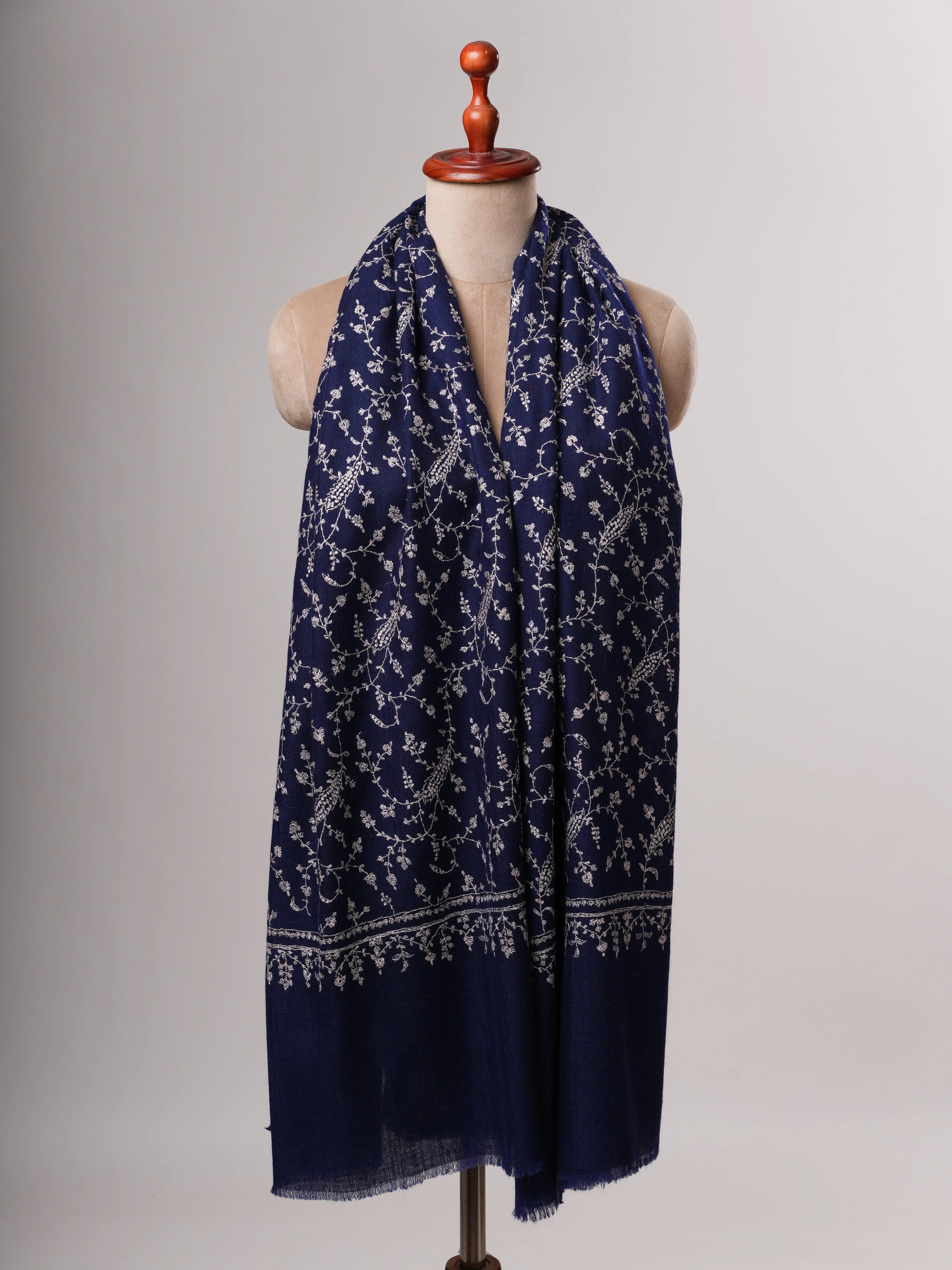 Soft Navy Blue Cashmere Scarf Featuring Intricate Jali Embroidery Shahkaar