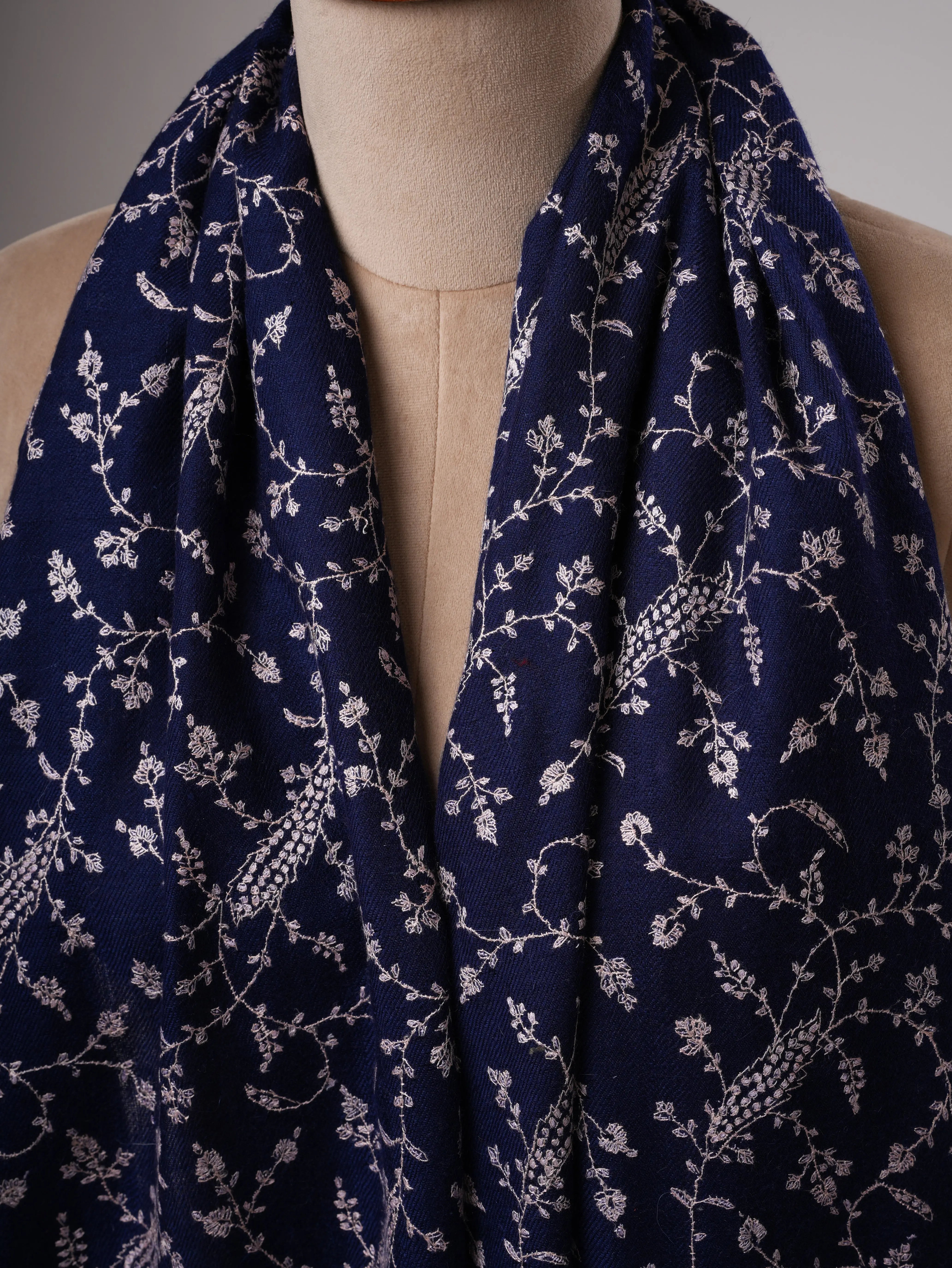 Soft Navy Blue Cashmere Scarf Featuring Intricate Jali Embroidery Shahkaar
