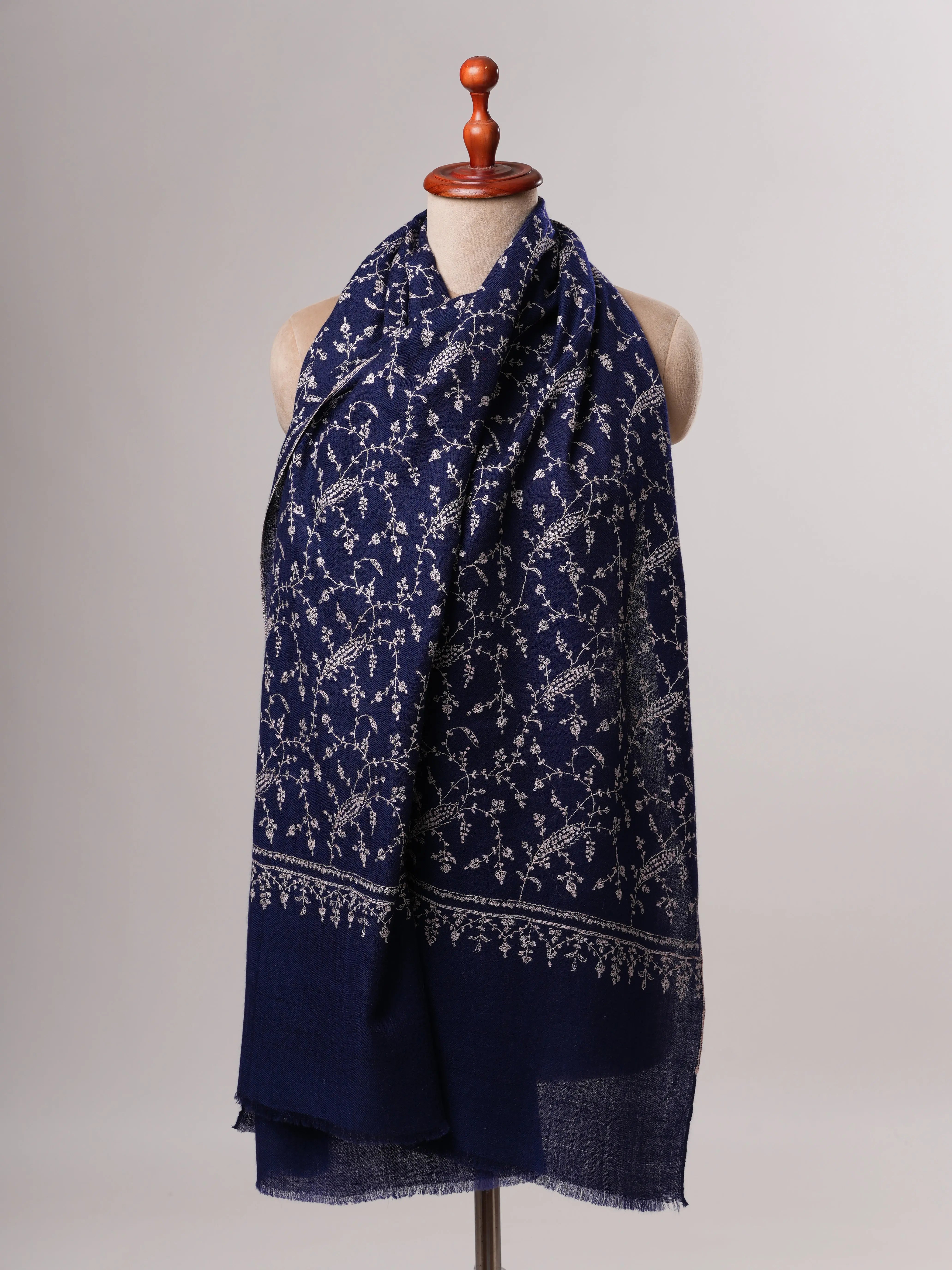 Soft Navy Blue Cashmere Scarf Featuring Intricate Jali Embroidery Shahkaar