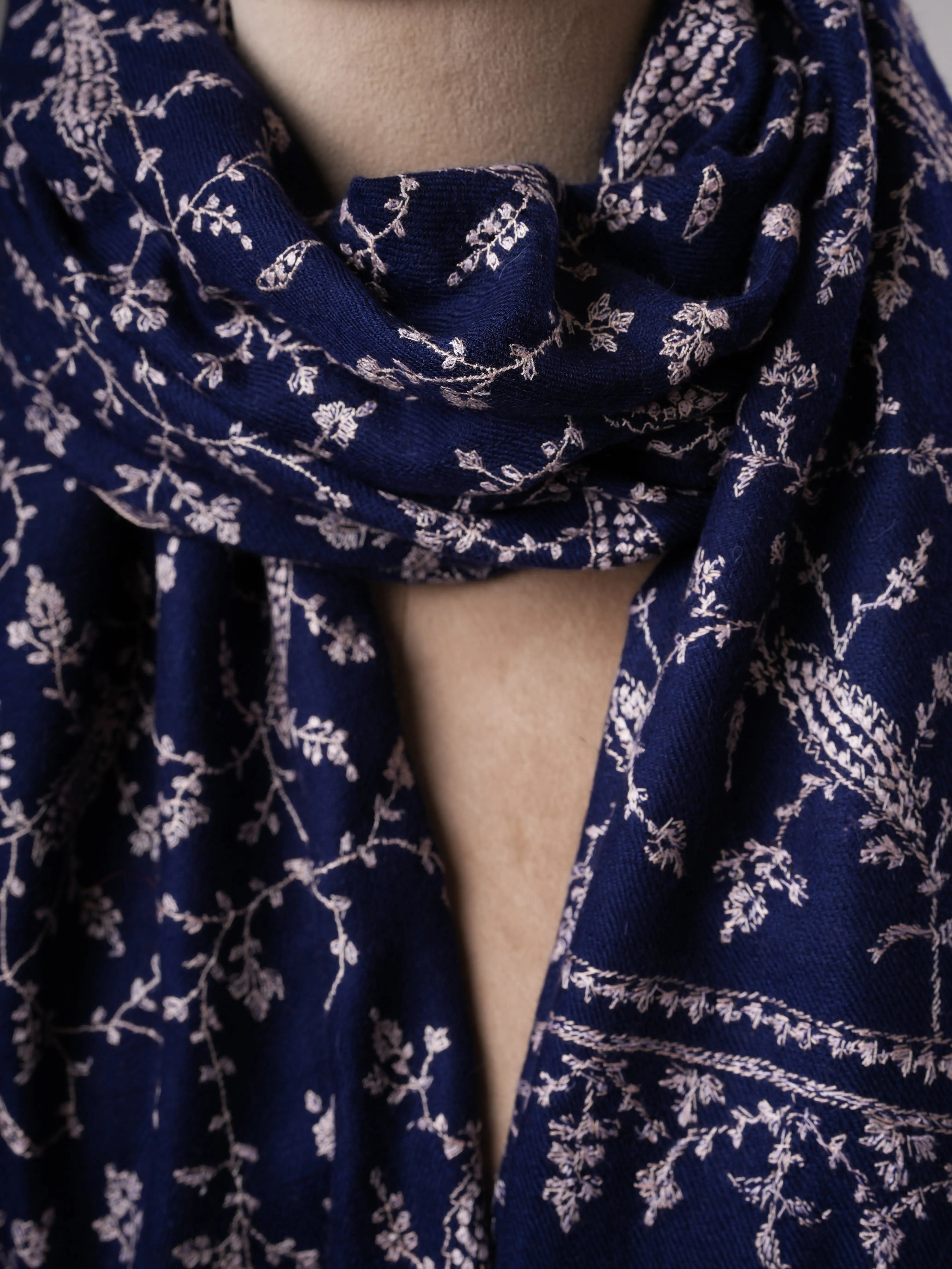 Soft Navy Blue Cashmere Scarf Featuring Intricate Jali Embroidery Shahkaar