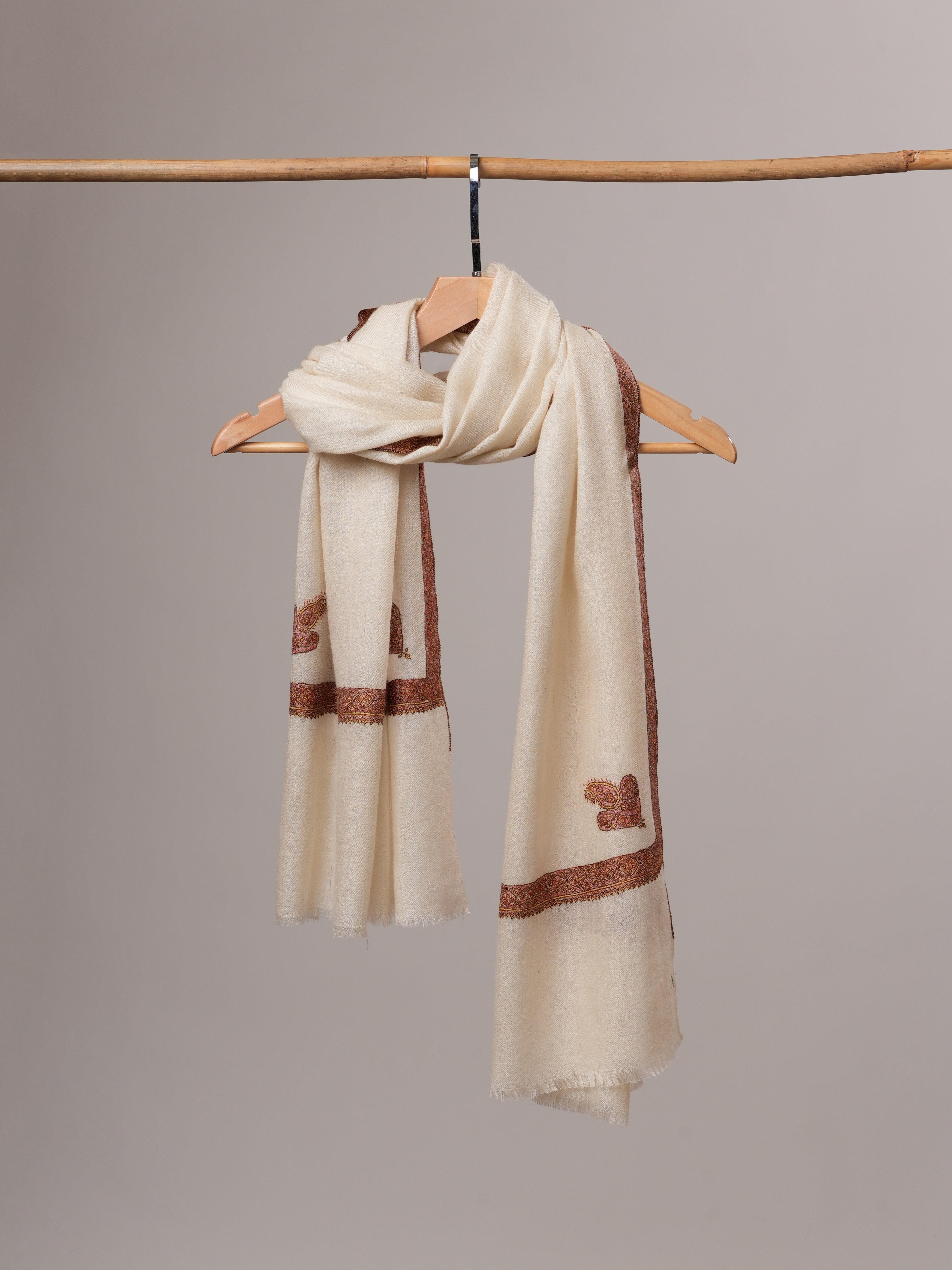 Natural White Cashmere Scarf with Hashia Hand Embroidery & Corner Paisley Shahkaar